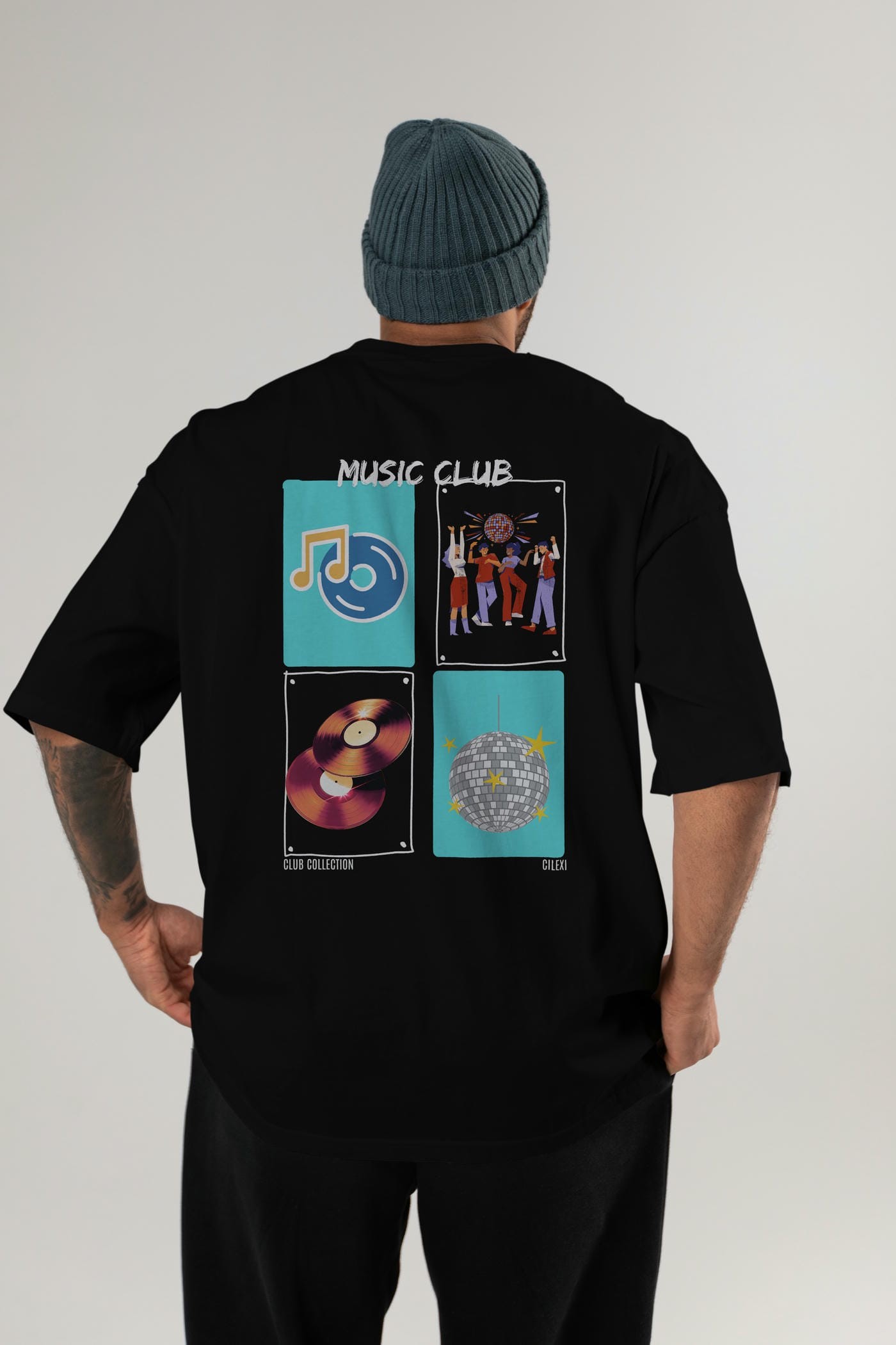 Music Club Arka Baskılı Oversize t-shirt Erkek Kadın %100 Pamuk Bisiklet Yaka tişort