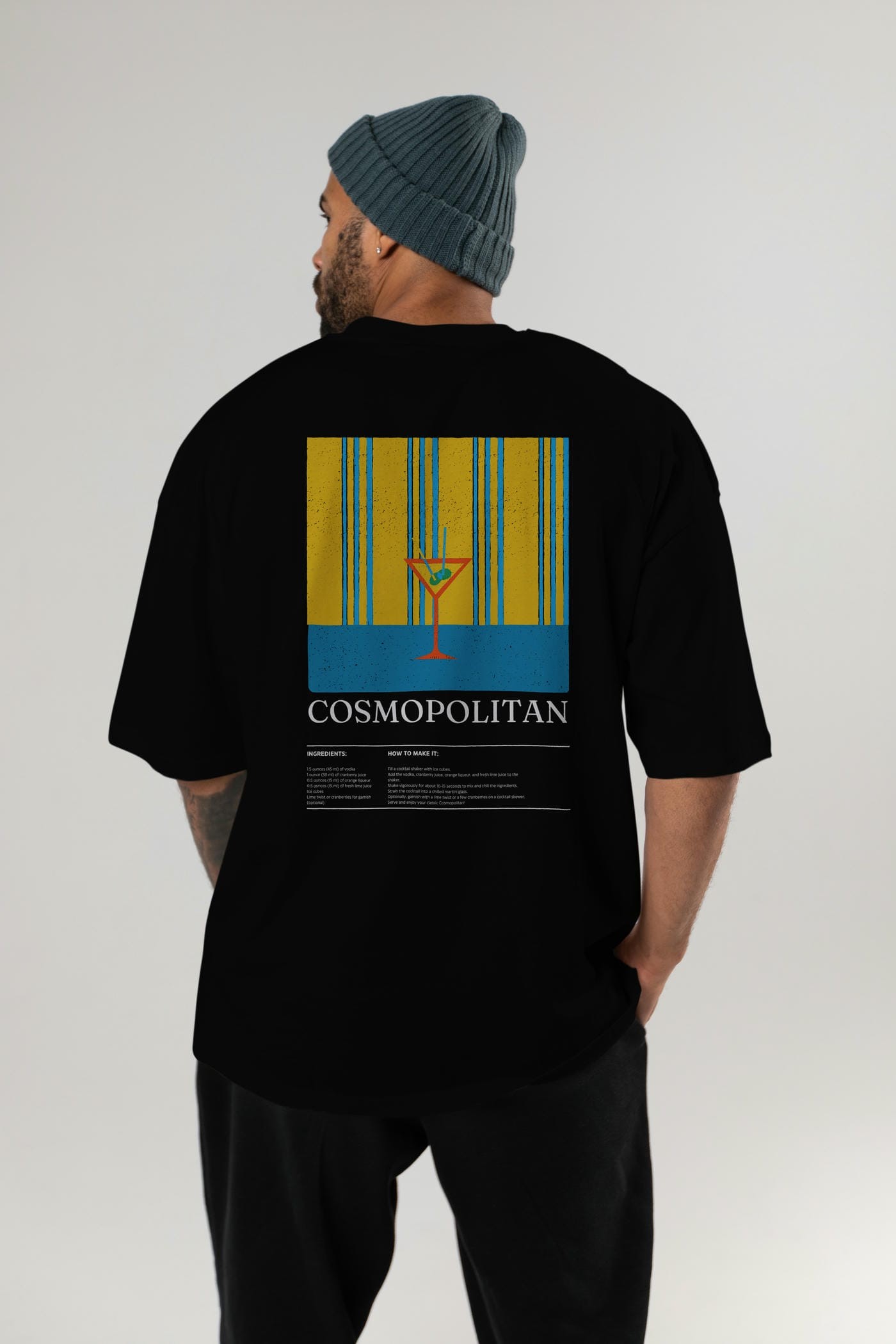 Cosmopolitan Kokteyl Serisi Arka Baskılı Oversize t-shirt Erkek Kadın %100 Pamuk Bisiklet Yaka tişort