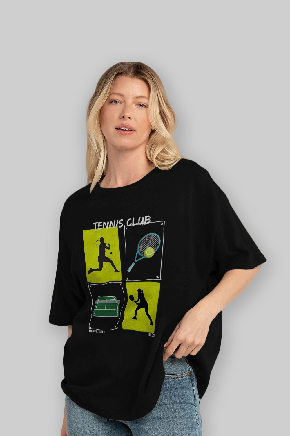 Tennis Club ön Baskılı Oversize t-shirt Erkek Kadın %100 Pamuk Bisiklet Yaka tişort