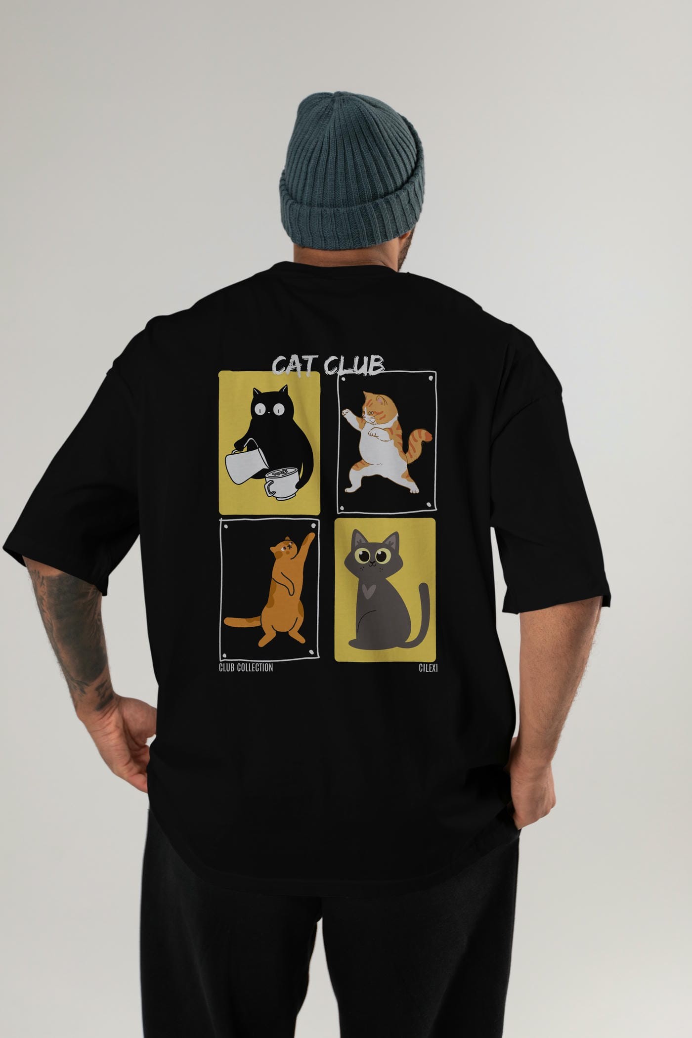Cat Club Arka Baskılı Oversize t-shirt Erkek Kadın %100 Pamuk Bisiklet Yaka tişort