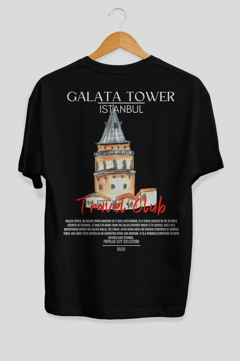 Galata Tower İstanbul Arka Baskılı Oversize t-shirt Erkek Kadın Pamuk Bisiklet Yaka tişort