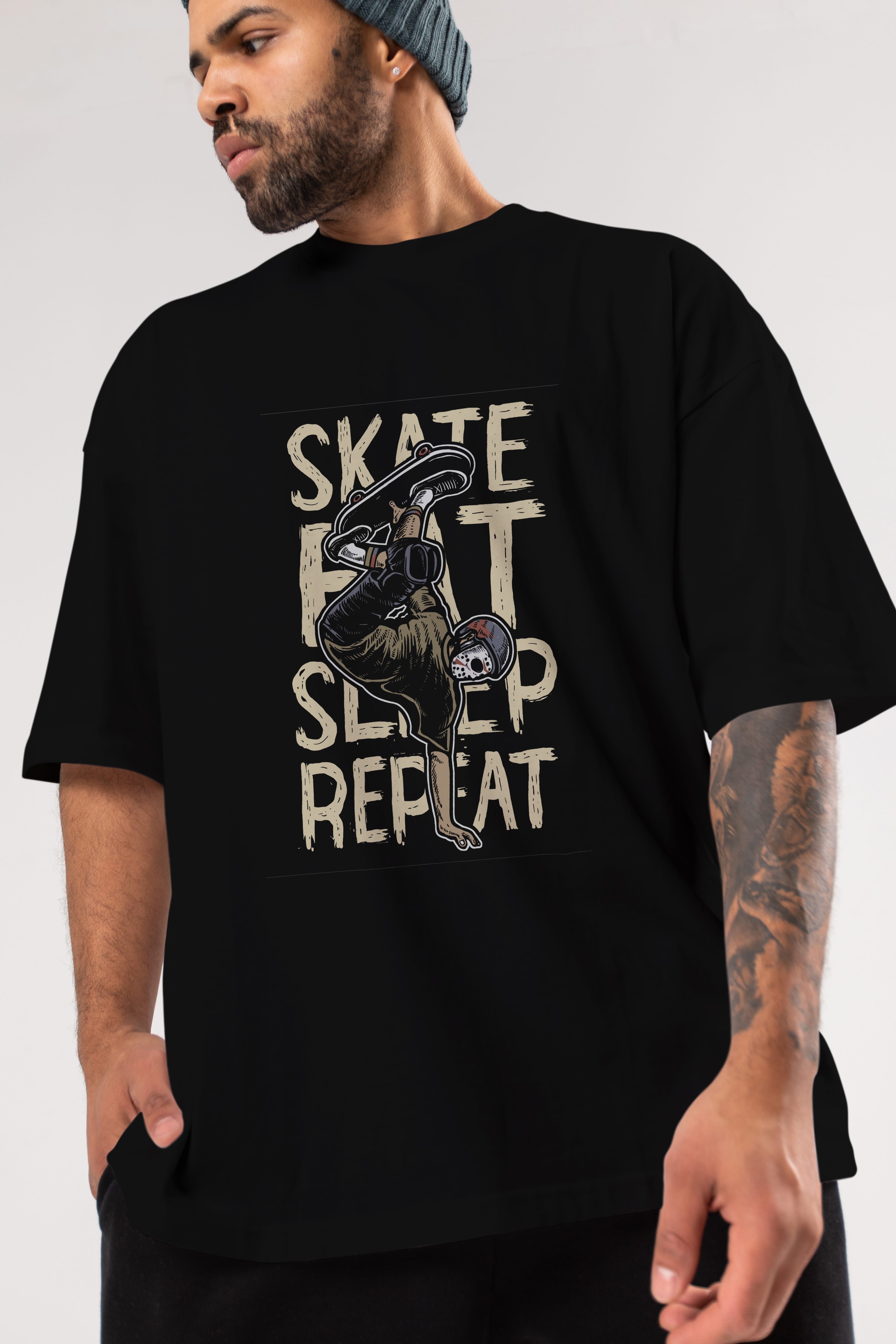 Skate Eat Sleep Repeat Ön Baskılı Oversize t-shirt Erkek Kadın Unisex %100 Pamuk tişort