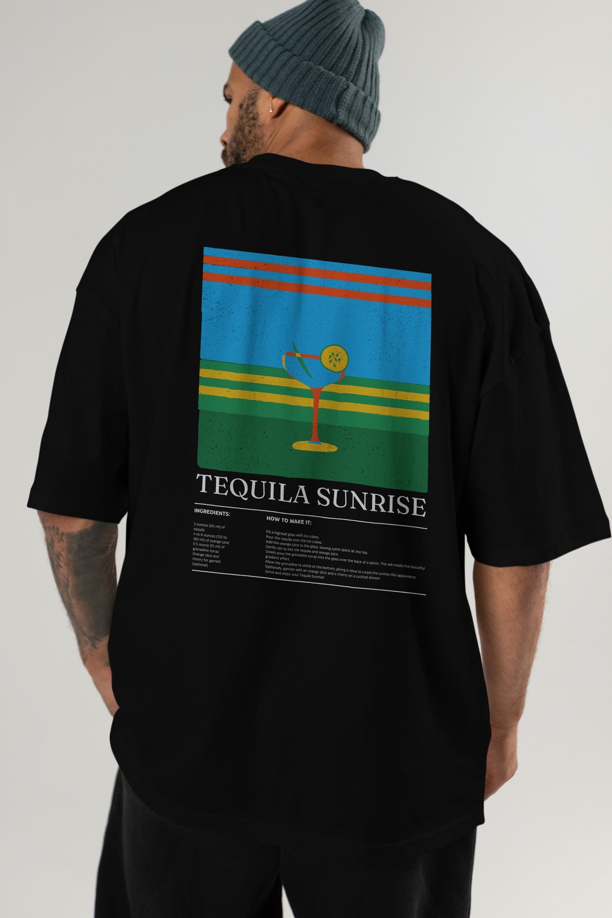 Tequila Sunrise Kokteyl Serisi Arka Baskılı Oversize t-shirt Erkek Kadın %100 Pamuk Bisiklet Yaka tişort