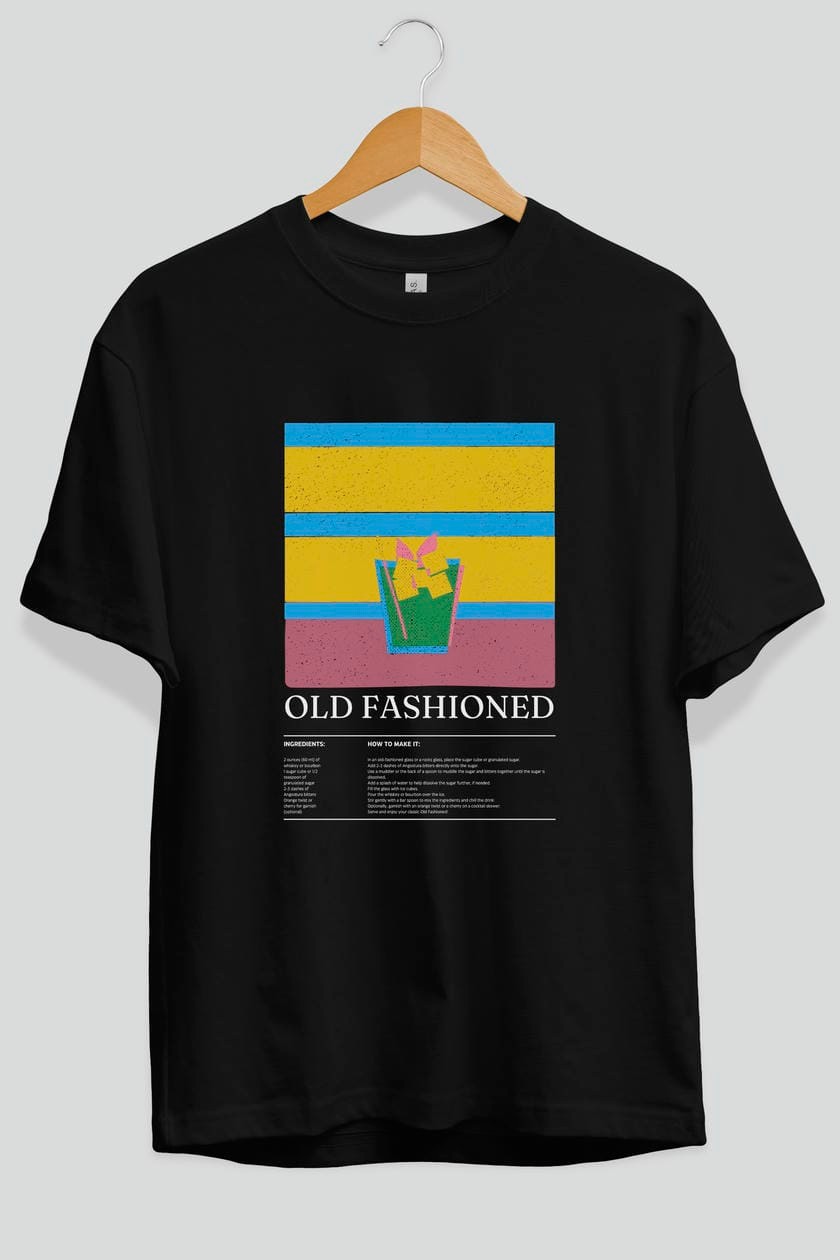 Old Fashioned Kokteyl Ön Baskılı Oversize t-shirt Erkek Kadın %100 Pamuk Bisiklet Yaka tişort