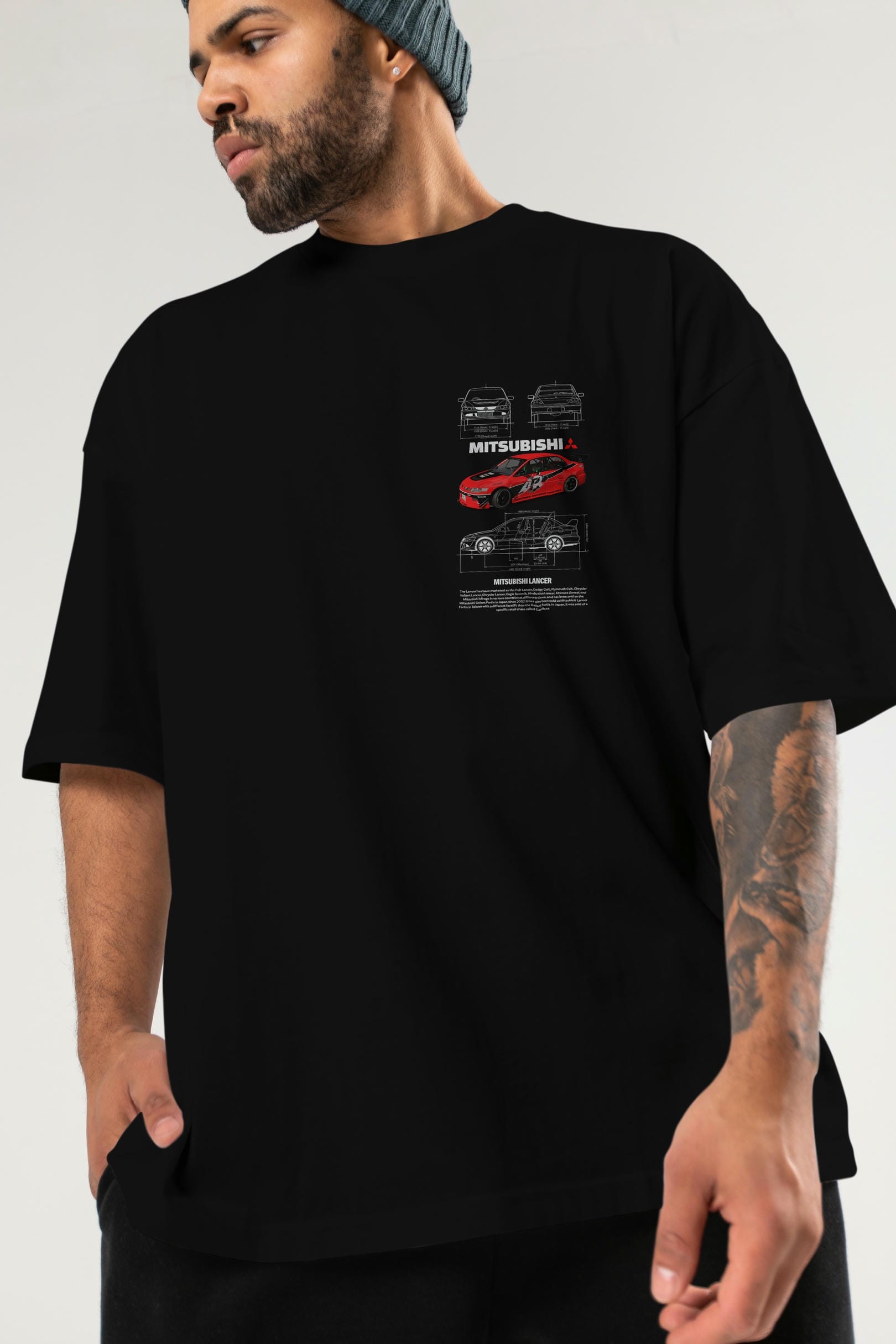 MITSUBISHI LANCER Ön Sol Baskılı Oversize t-shirt Erkek Kadın Unisex %100 Pamuk Bisiklet Yaka tişort