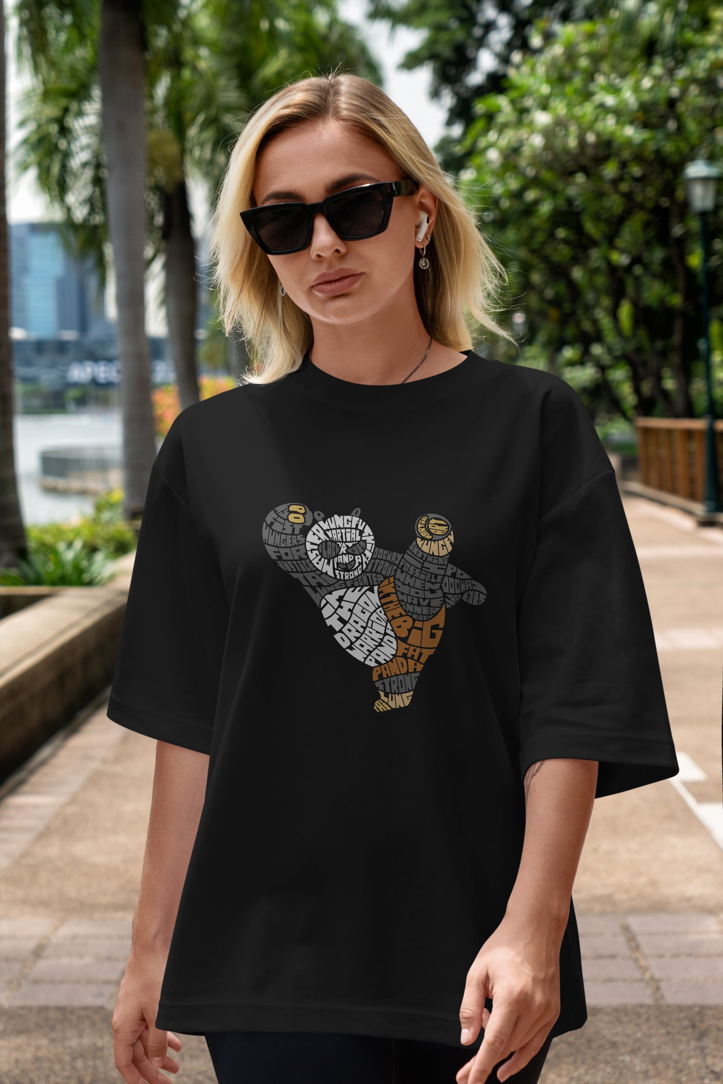 Warrior Panda Ön Baskılı Oversize t-shirt %100 pamuk Erkek Kadın Unisex