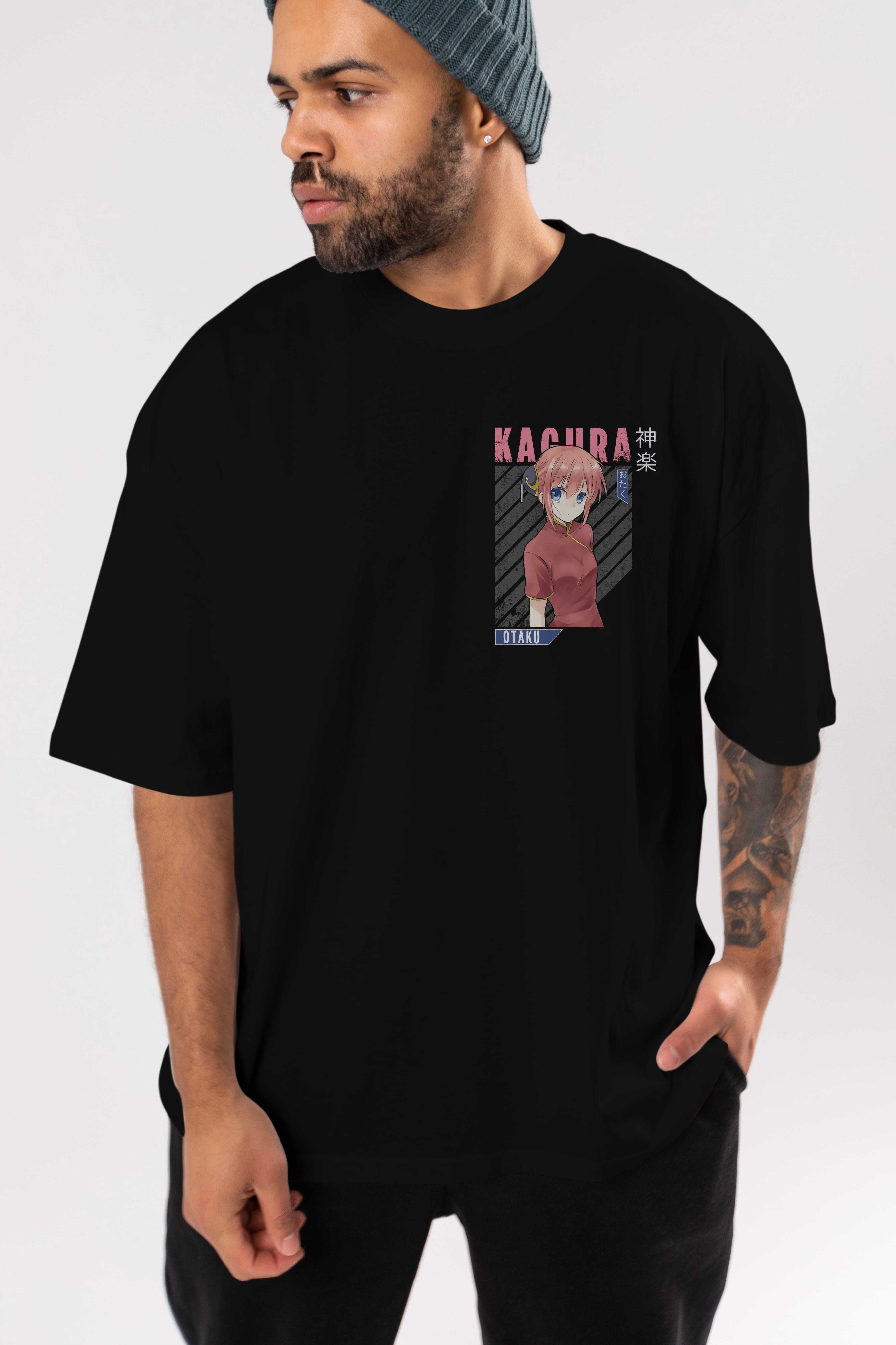 Kagura GINTAMA Ön Sol Baskılı Oversize t-shirt Erkek Kadın Unisex %100 Pamuk Bisiklet Yaka tişort