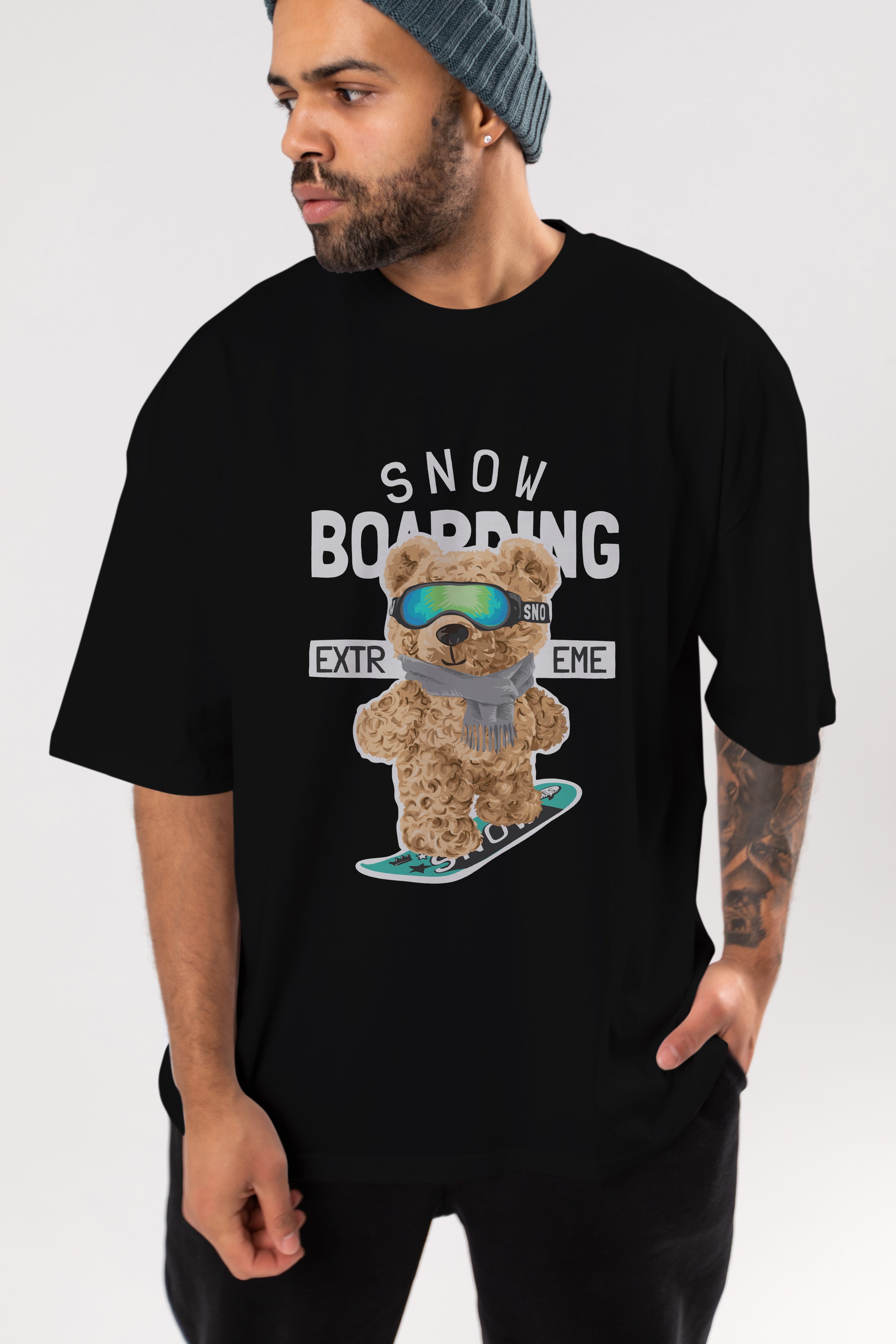 Teddy Bear Snow Boarding Ön Baskılı Oversize t-shirt Erkek Kadın Unisex %100 Pamuk