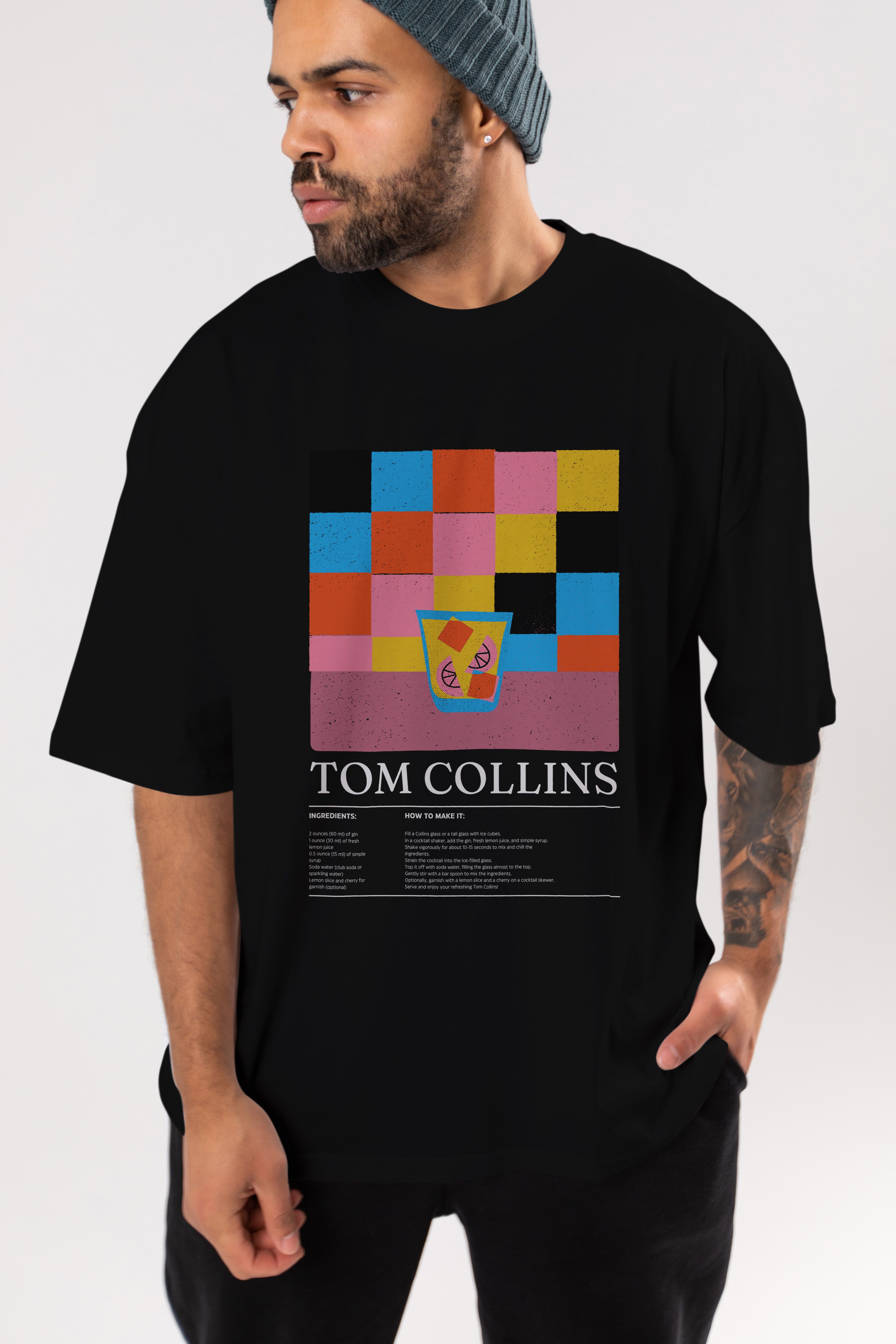 Tom Collins Kokteyl Ön Baskılı Oversize t-shirt Erkek Kadın %100 Pamuk Bisiklet Yaka tişort