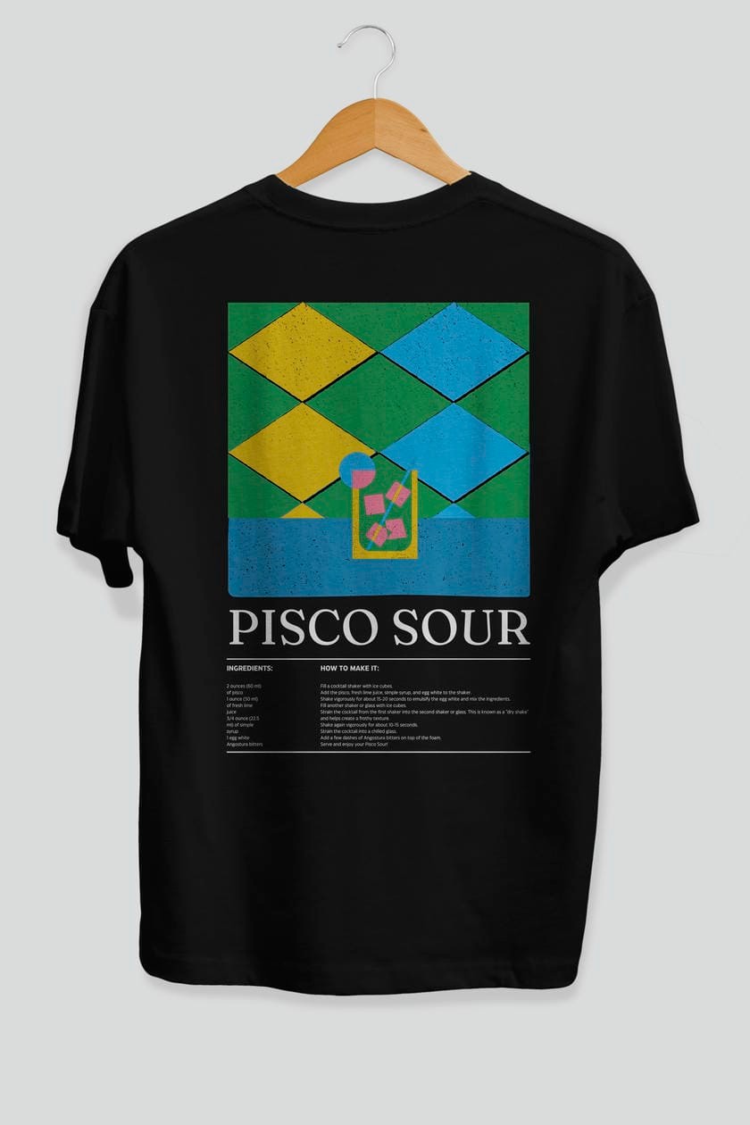 Pisco Sour Kokteyl Serisi Arka Baskılı Oversize t-shirt Erkek Kadın %100 Pamuk Bisiklet Yaka tişort