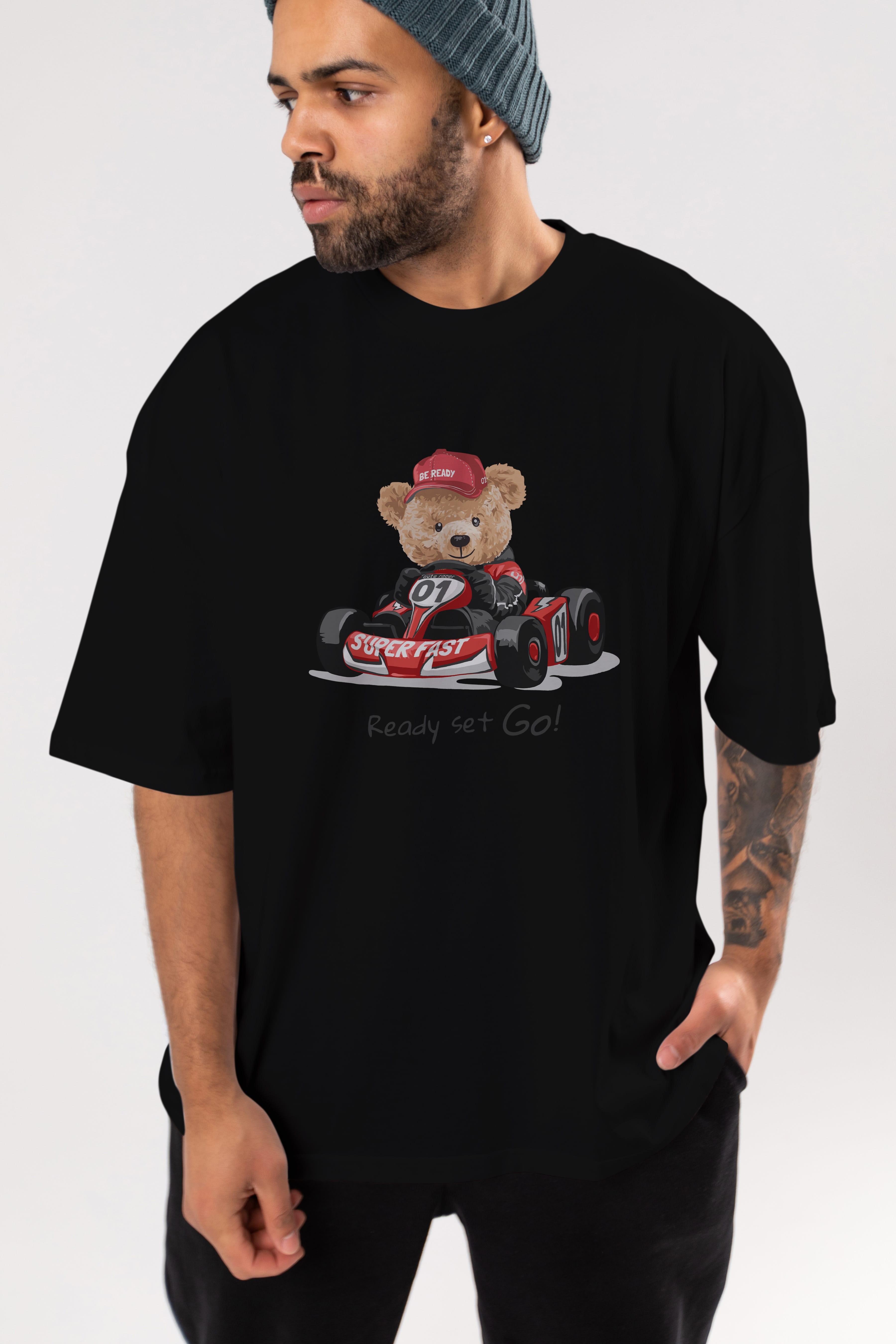 Teddy Bear Ready Set Go Ön Baskılı Oversize t-shirt Erkek Kadın Unisex %100 Pamuk