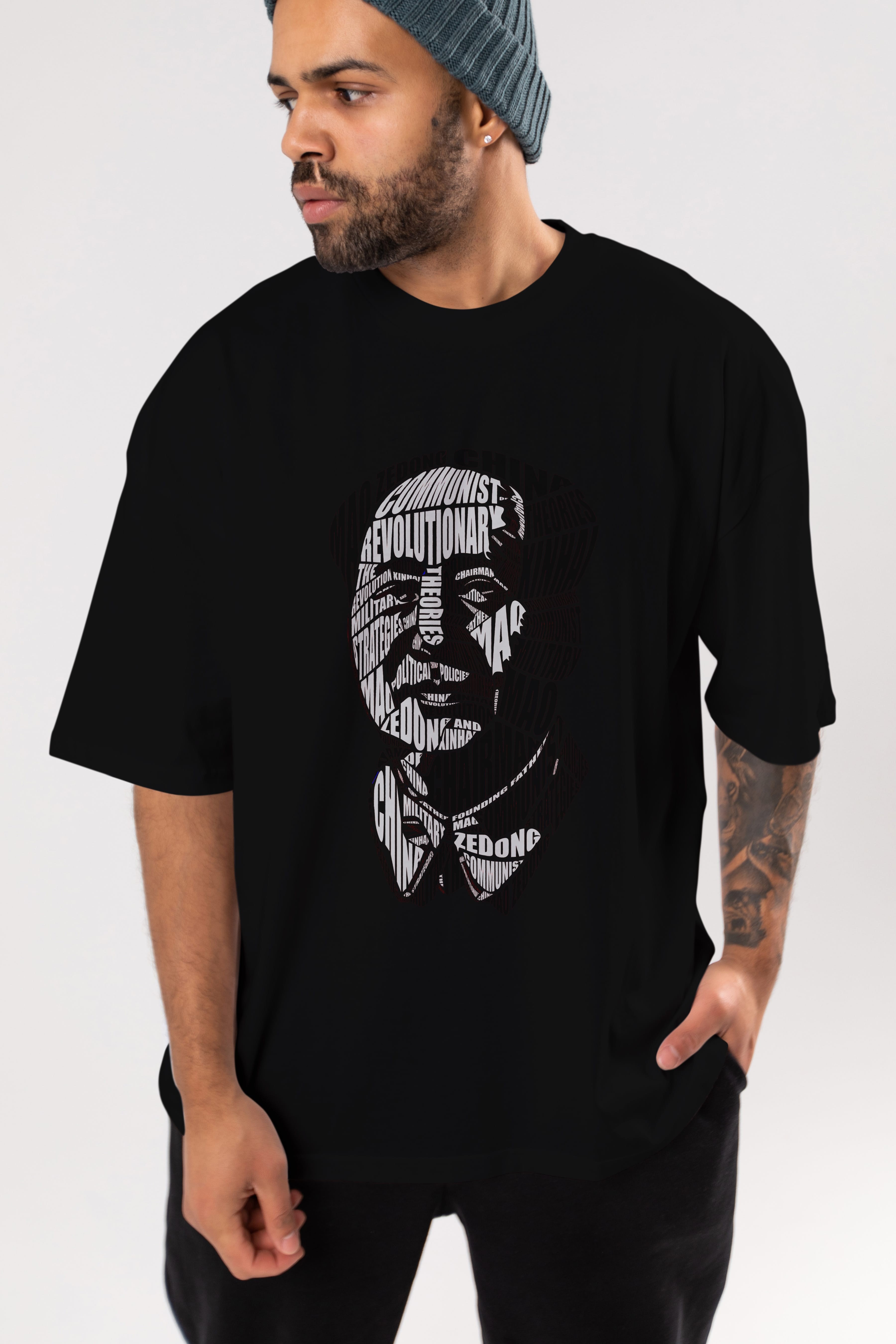 Mao Zedong Calligram Ön Baskılı Oversize t-shirt %100 pamuk Erkek Kadın Unisex