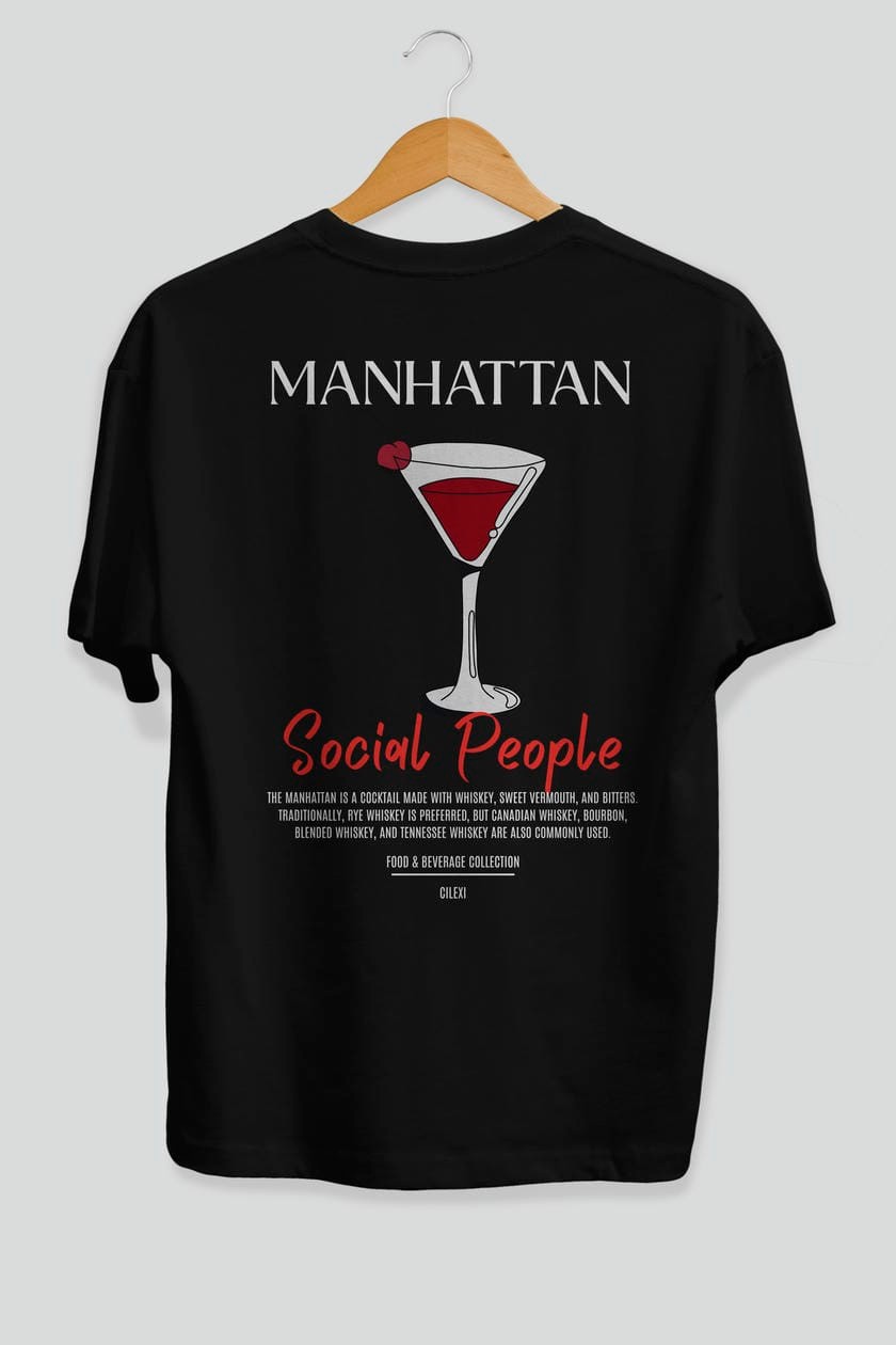 Manhattan Kokteyl Serisi Baskılı Oversize t-shirt Erkek Kadın Unisex %100 Pamuk Bisiklet Yaka tişort
