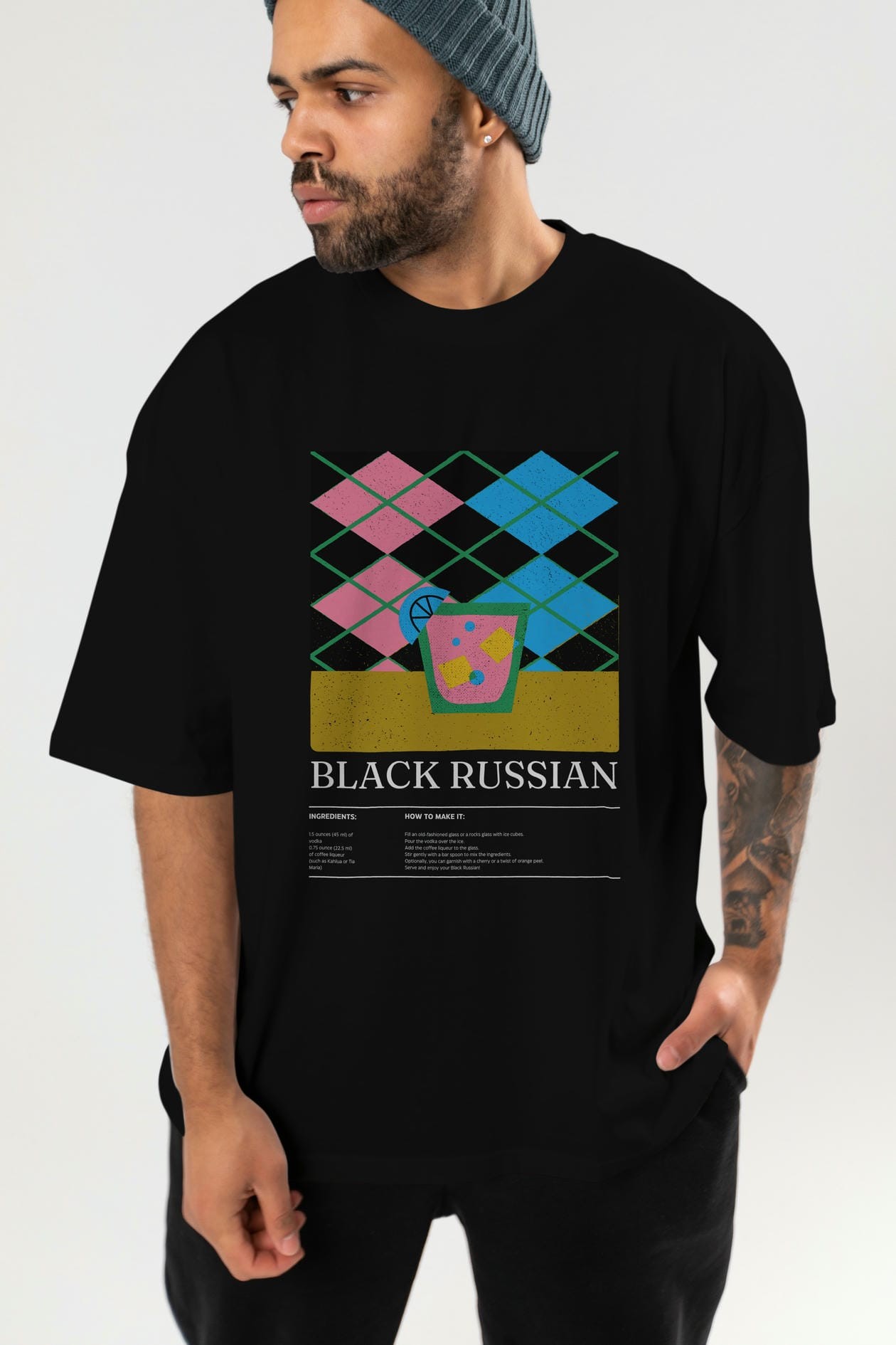 Black Russian Kokteyl Ön Baskılı Oversize t-shirt Erkek Kadın %100 Pamuk Bisiklet Yaka tişort