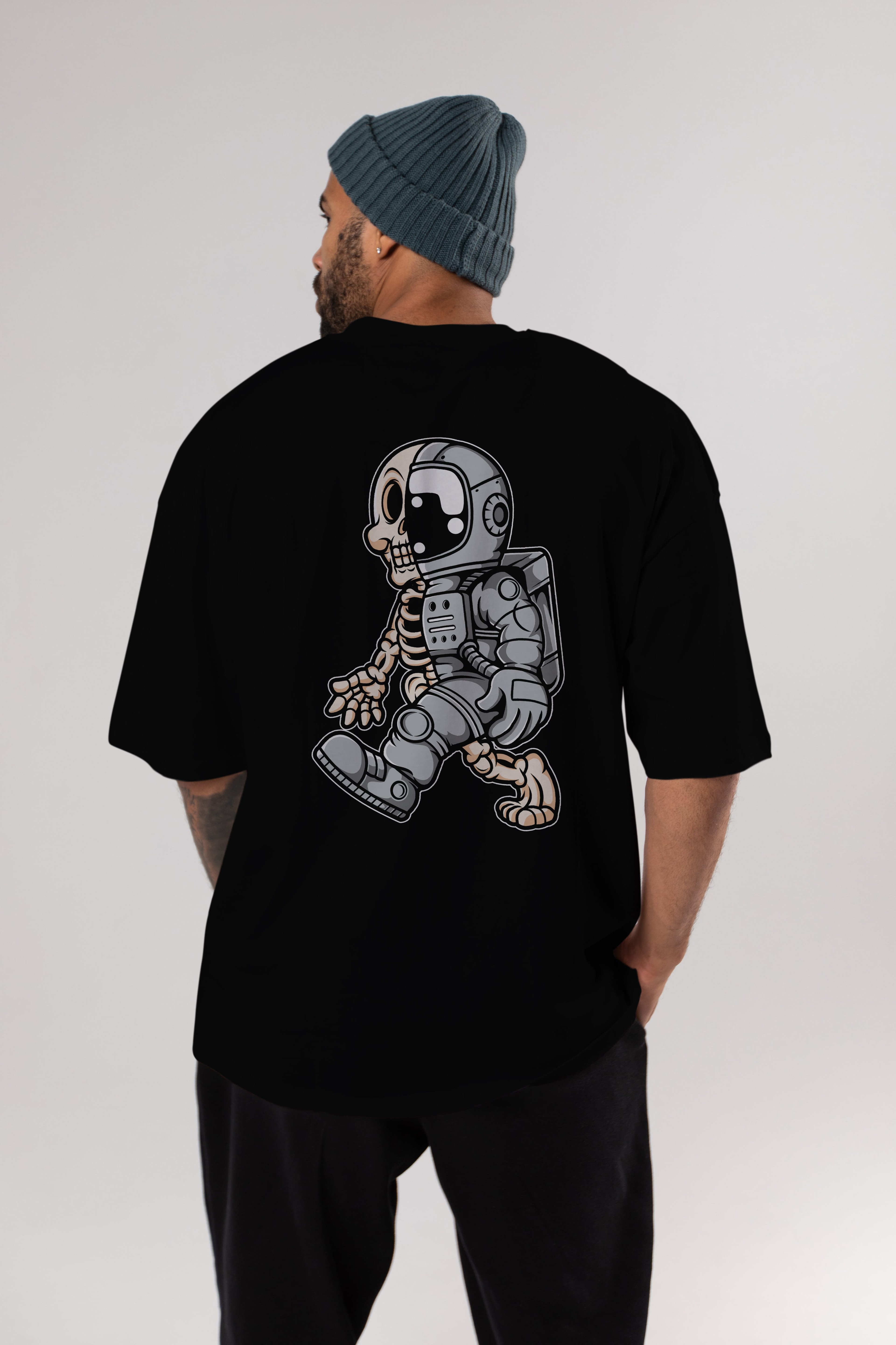 Astronaut Half Skull Arka Baskılı Oversize t-shirt Erkek Kadın Unisex