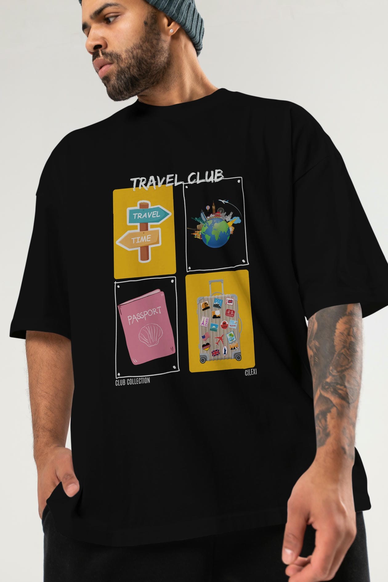 Travel Club ön Baskılı Oversize t-shirt Erkek Kadın %100 Pamuk Bisiklet Yaka tişort