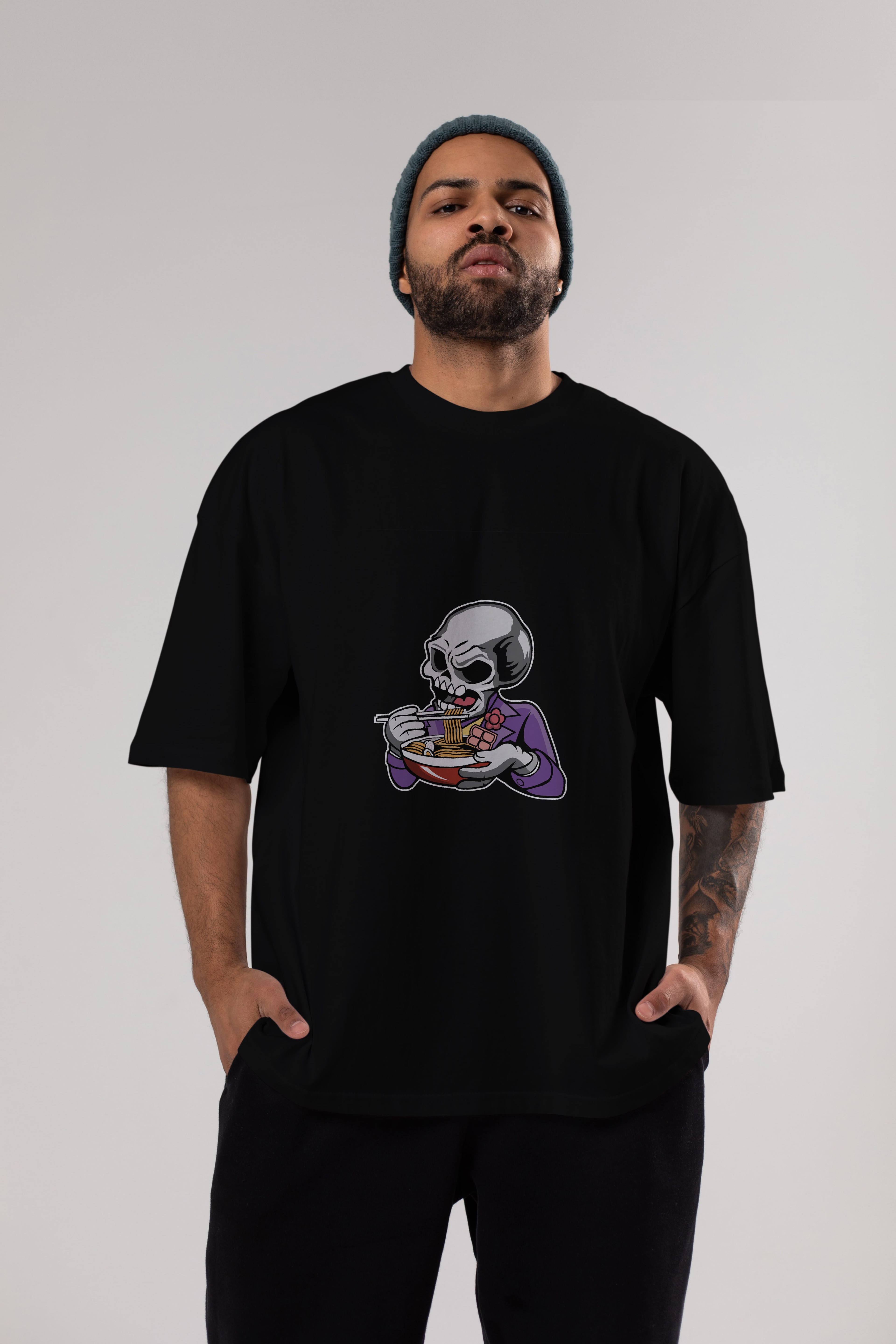 Skull Ramen Ön Baskılı Oversize t-shirt Erkek Kadın Unisex %100 Pamuk tişort