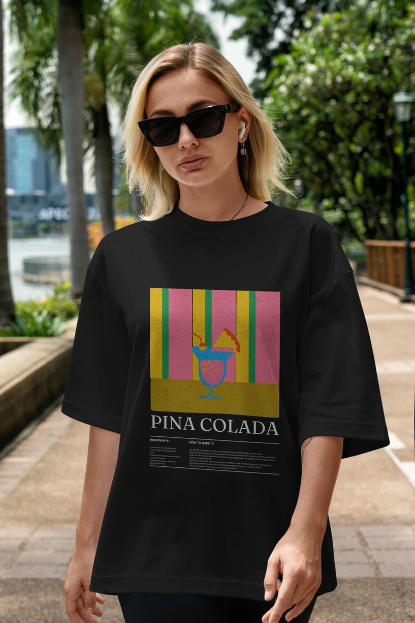 Pina Colada Kokteyl Ön Baskılı Oversize t-shirt Erkek Kadın %100 Pamuk Bisiklet Yaka tişort