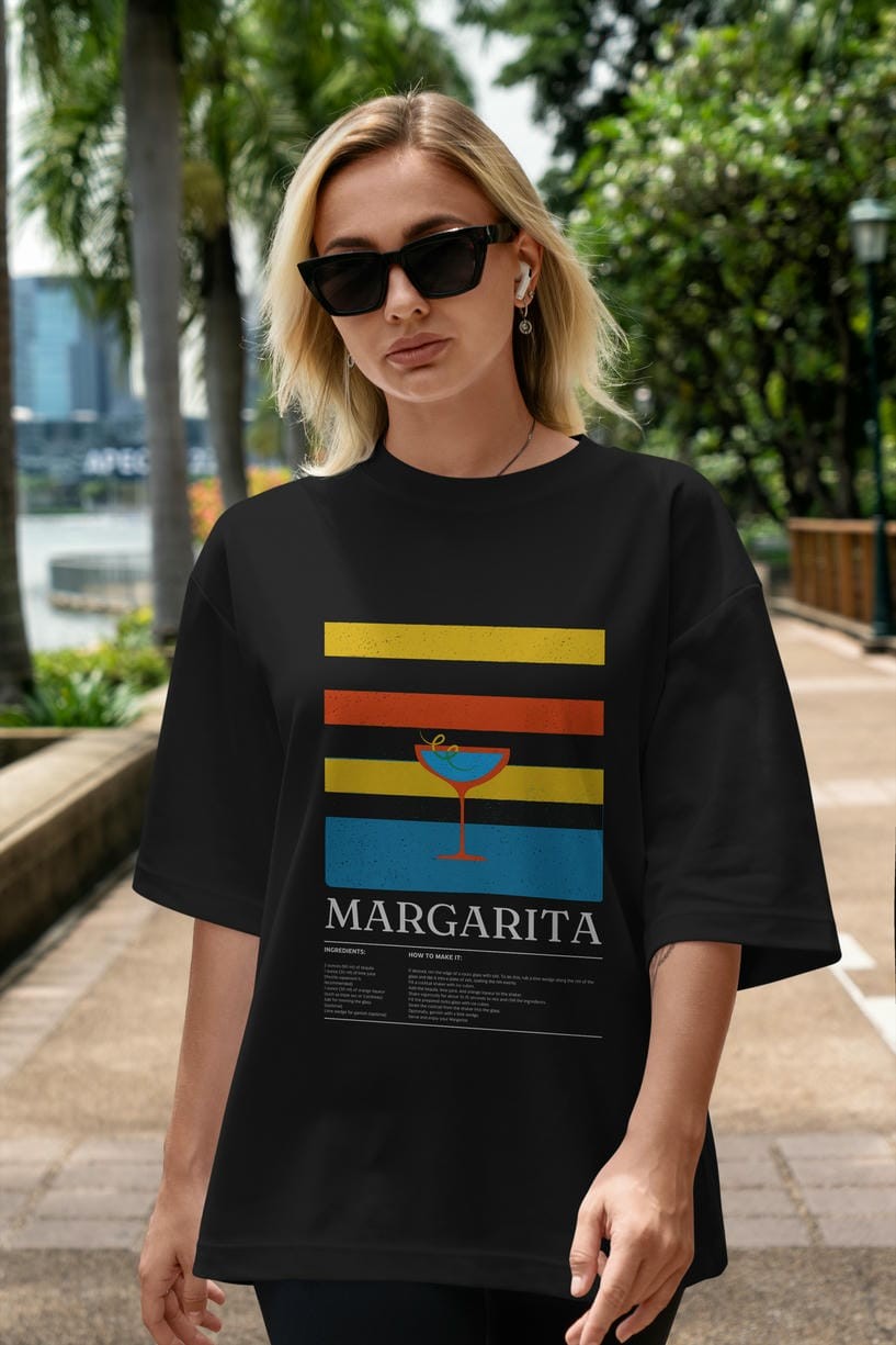 Margarita Kokteyl Ön Baskılı Oversize t-shirt Erkek Kadın %100 Pamuk Bisiklet Yaka tişort