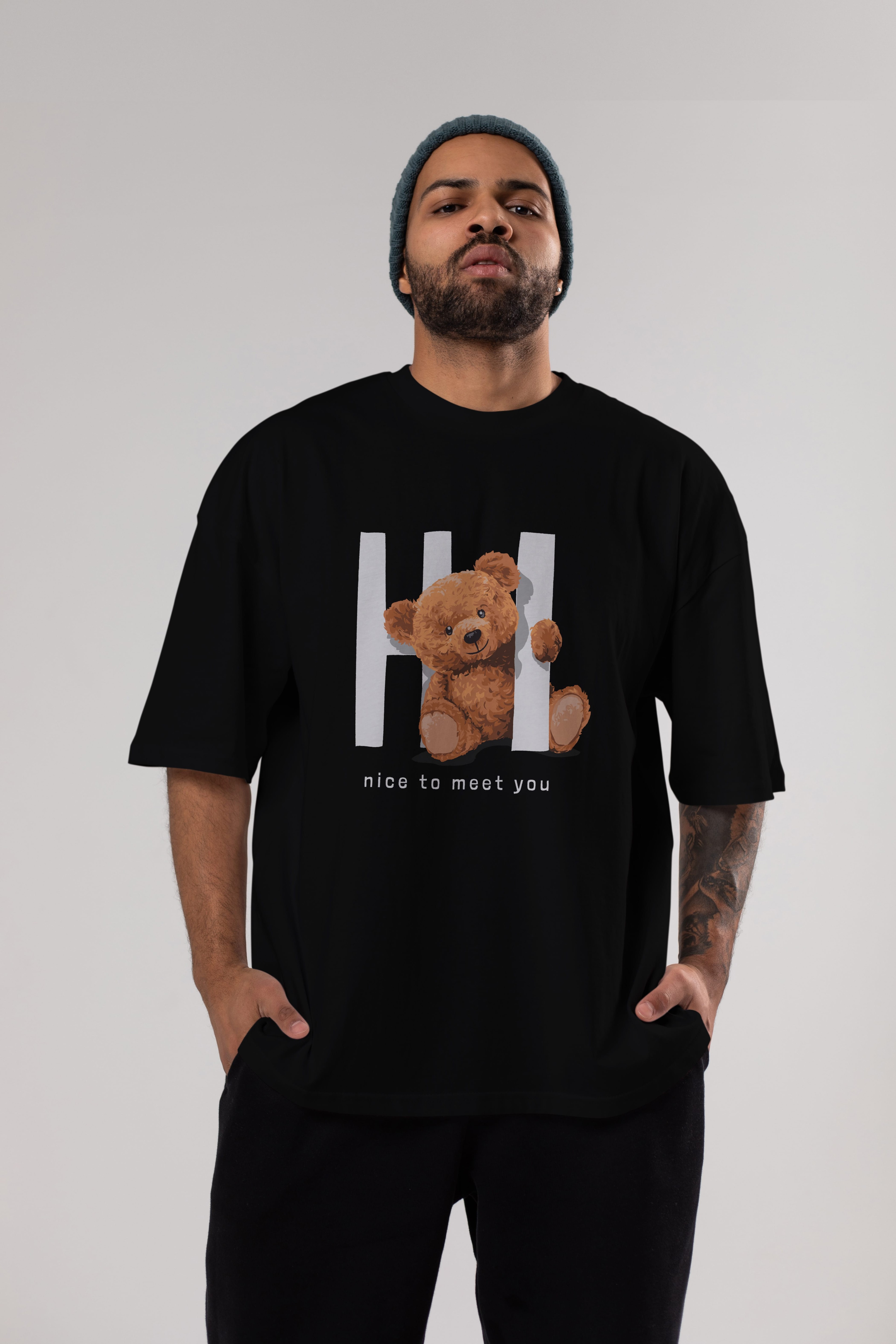Teddy Bear Hi Nice To Meet You Ön Baskılı Oversize t-shirt Erkek Kadın Unisex %100 Pamuk
