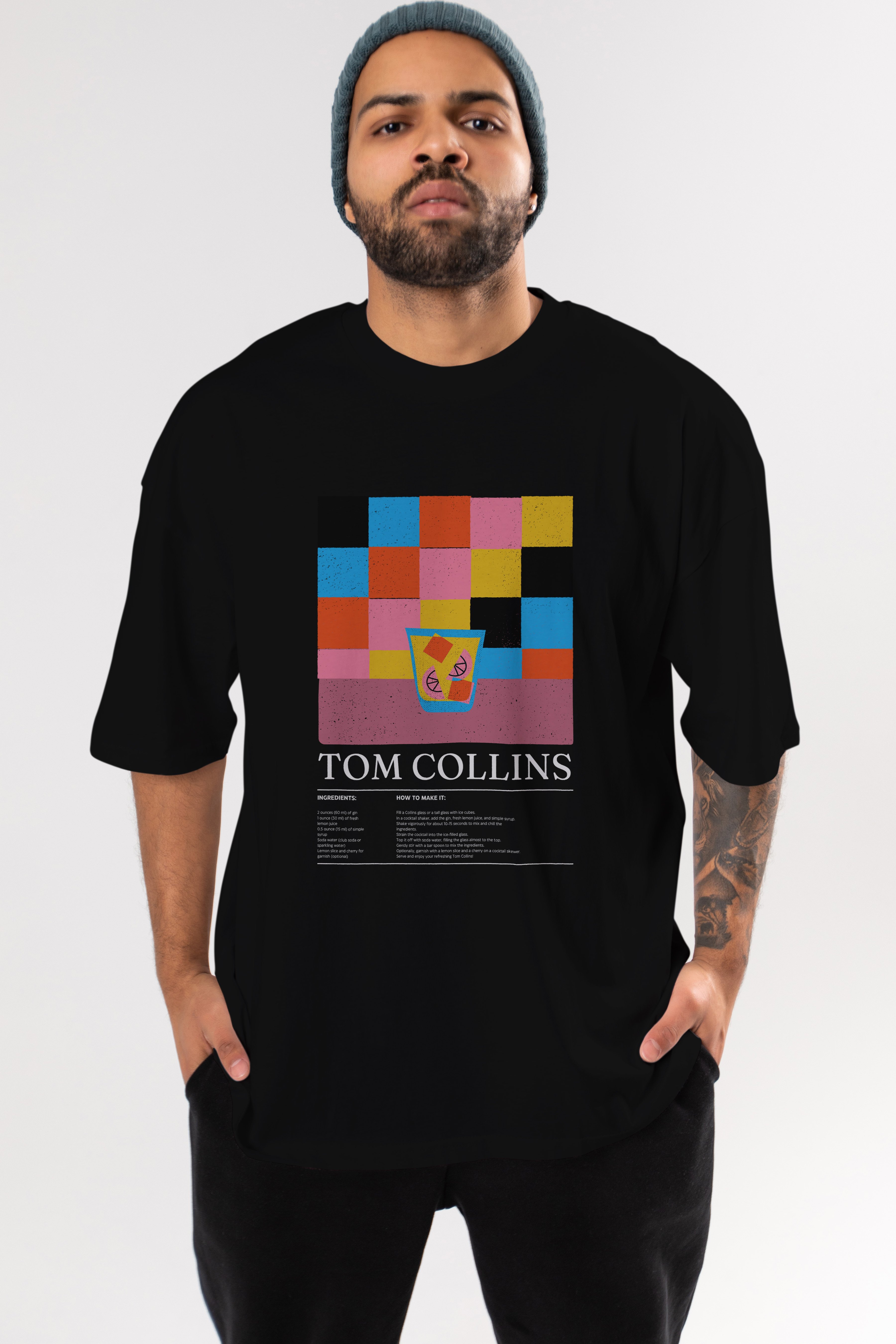 Tom Collins Kokteyl Ön Baskılı Oversize t-shirt Erkek Kadın %100 Pamuk Bisiklet Yaka tişort