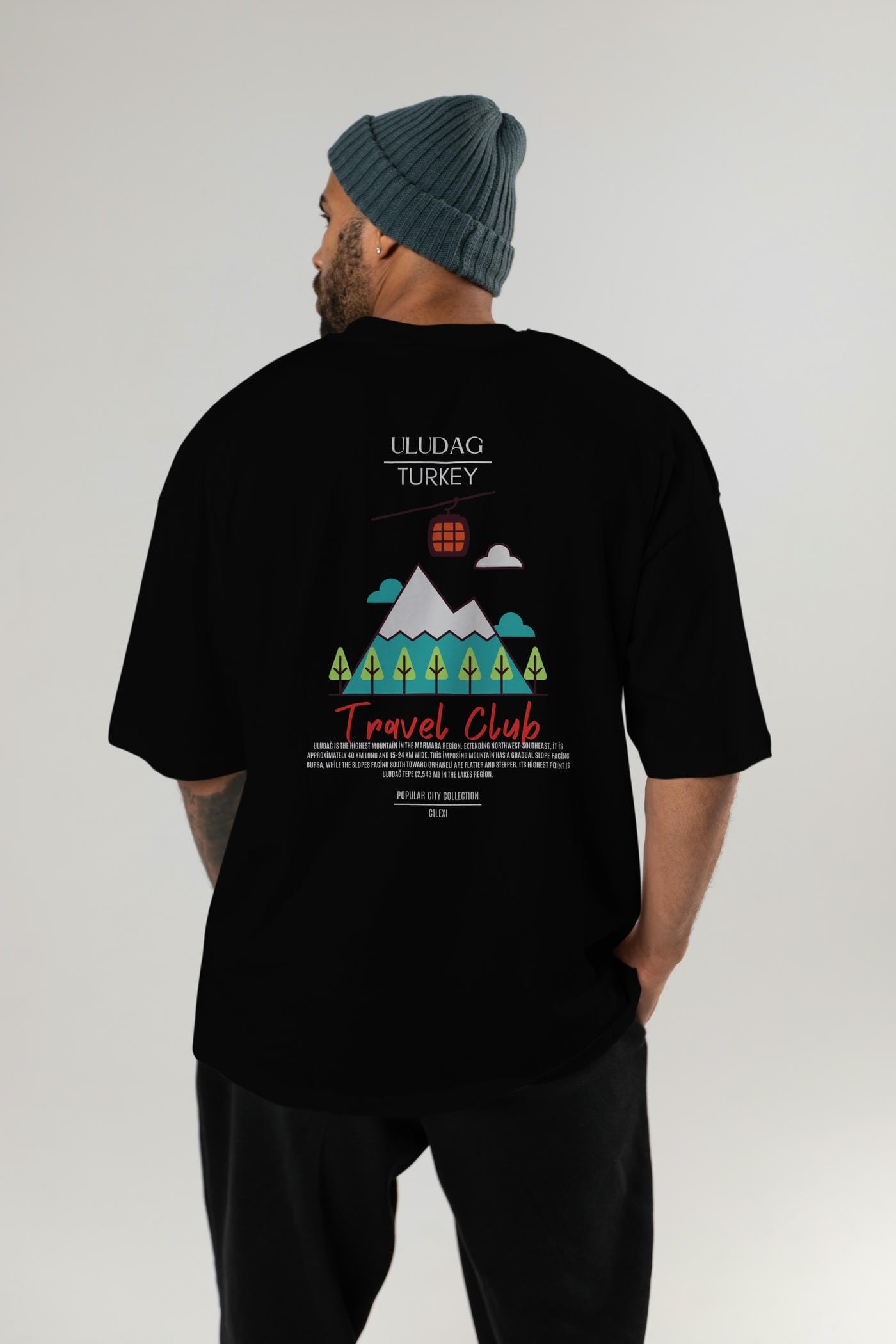 Uludağ Turkey Arka Baskılı Oversize t-shirt Erkek Kadın Pamuk Bisiklet Yaka tişort