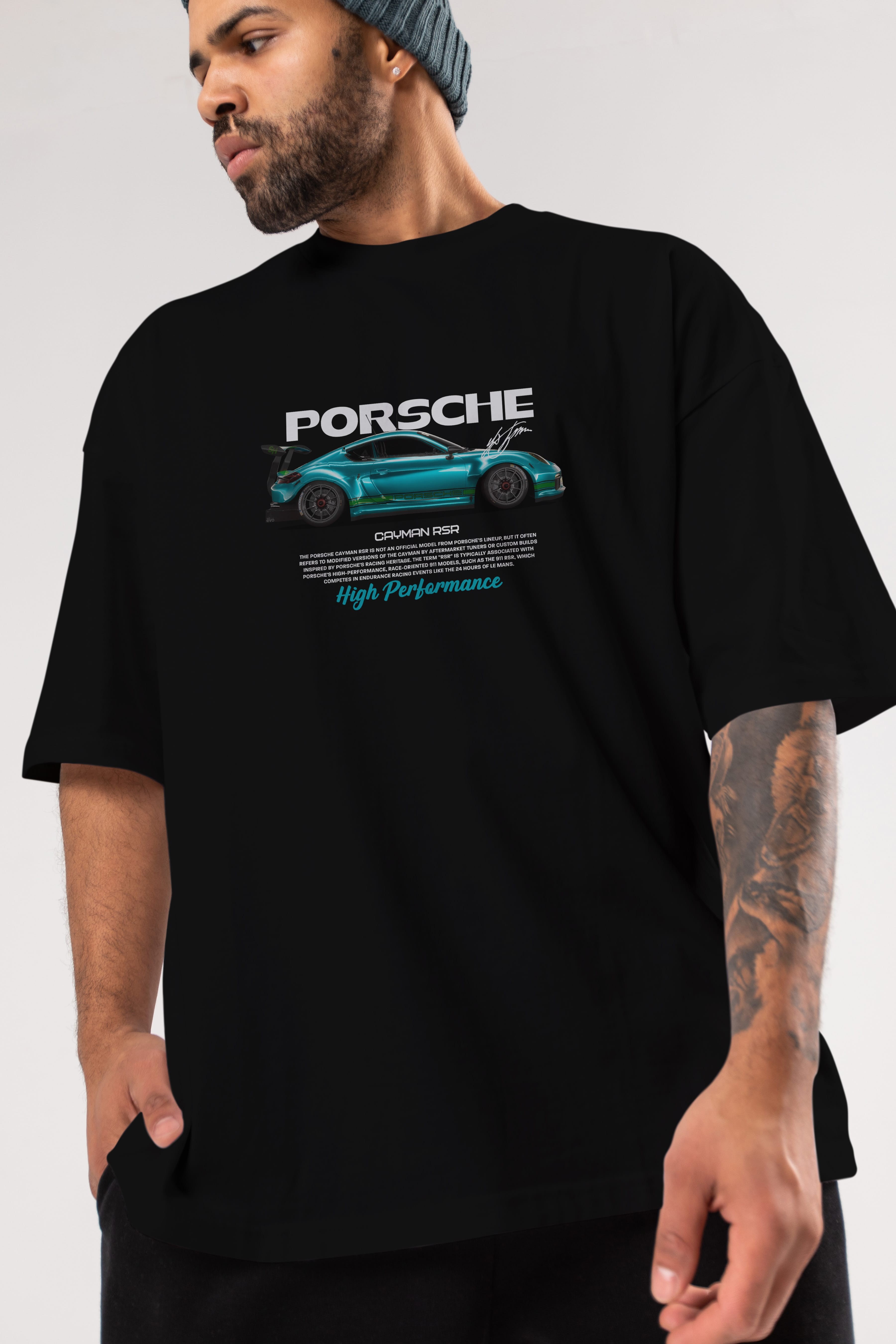 PORSCHE CAYMAN RSR Ön Baskılı Oversize t-shirt Erkek Kadın Unisex %100 Pamuk Bisiklet Yaka tişort