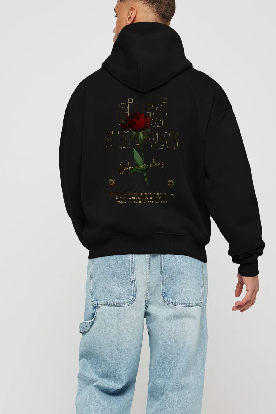 Rose Cilexi Streetwear Arka Baskılı Oversize Hoodie Kapüşonlu Sweatshirt Erkek Kadın Unisex