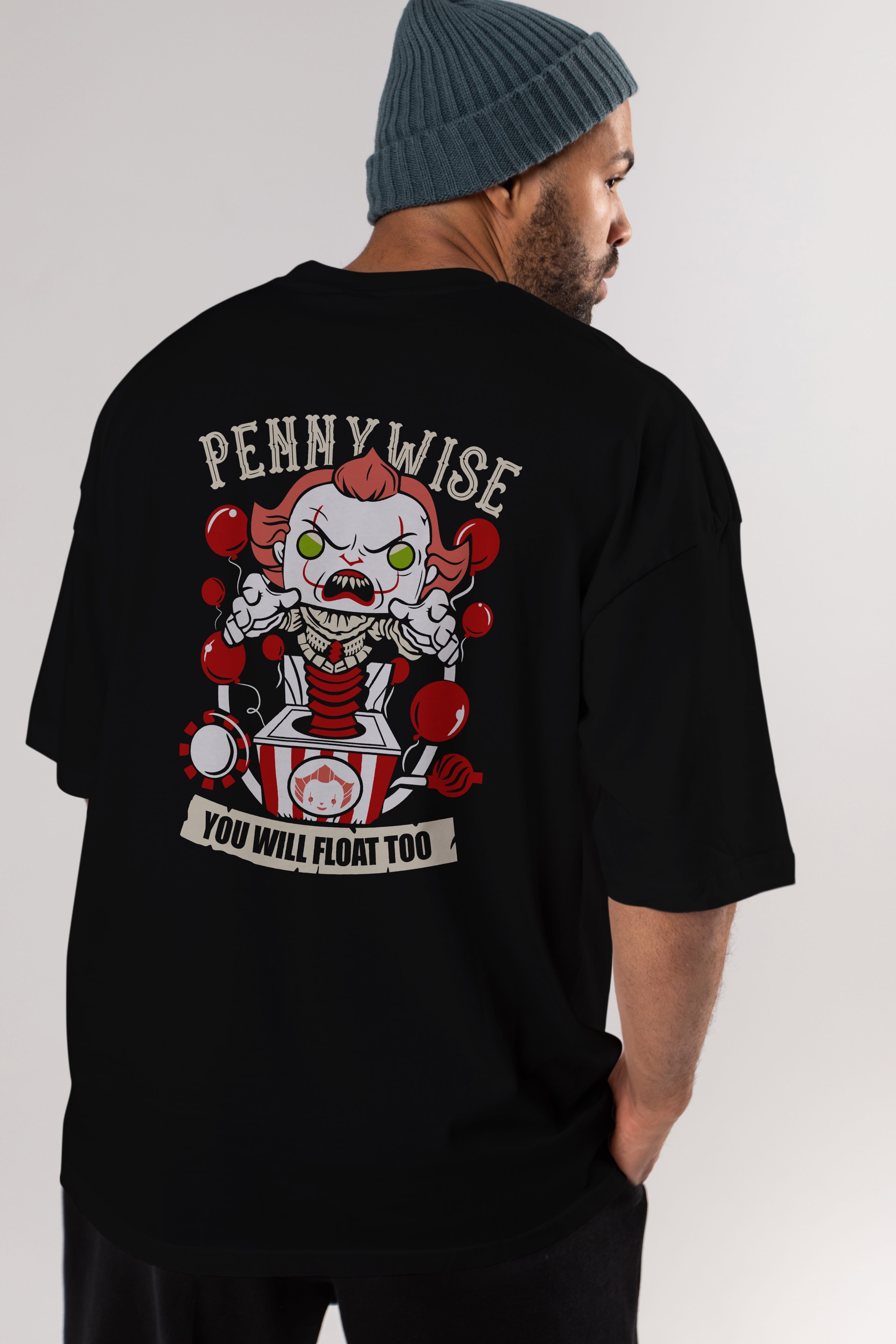 Pennywise Arka Baskılı Oversize t-shirt Erkek Kadın Unisex %100 Pamuk Bisiklet Yaka tişort