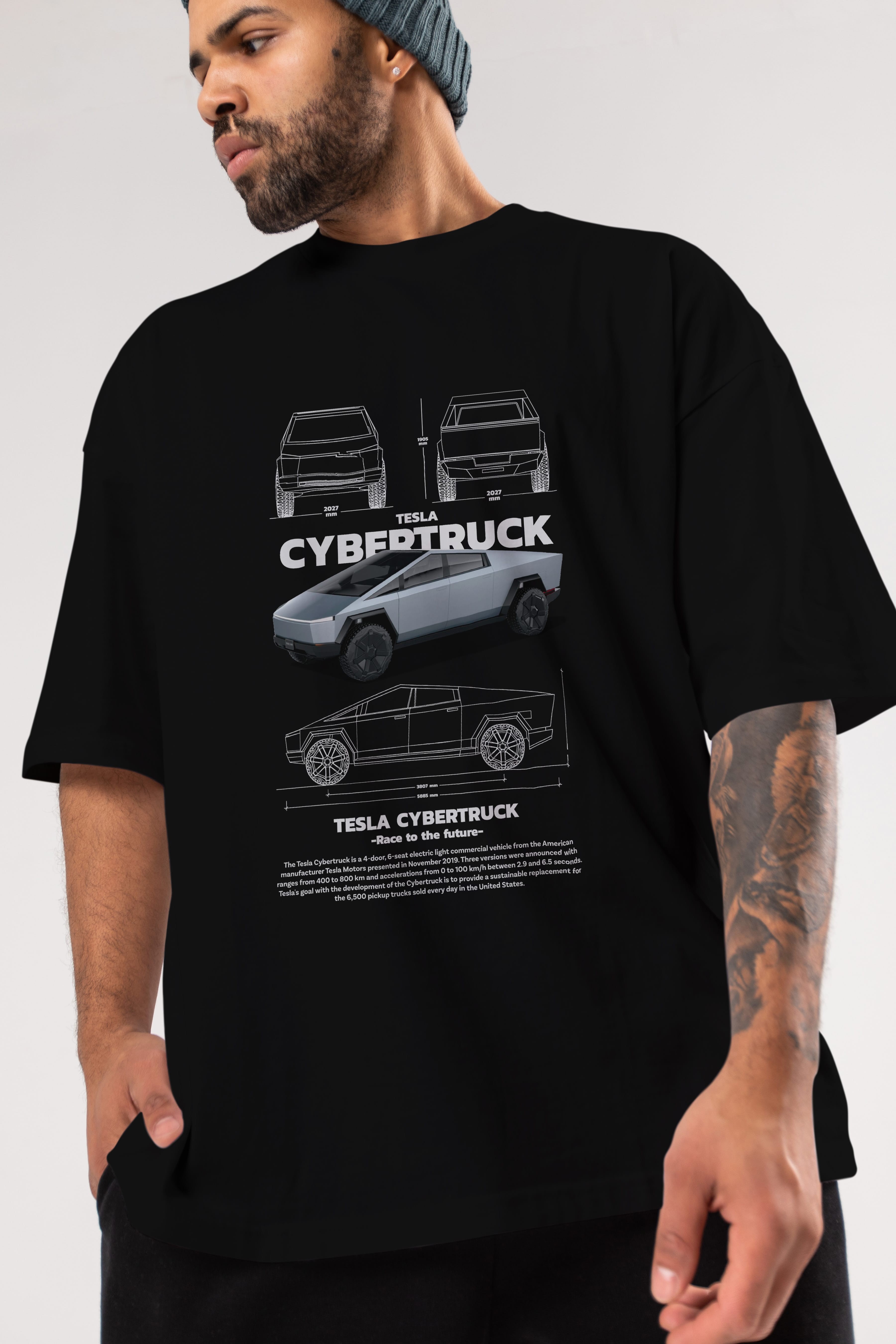 TESLA CYBERTRUCK Ön Baskılı Oversize t-shirt Erkek Kadın Unisex %100 Pamuk Bisiklet Yaka tişort