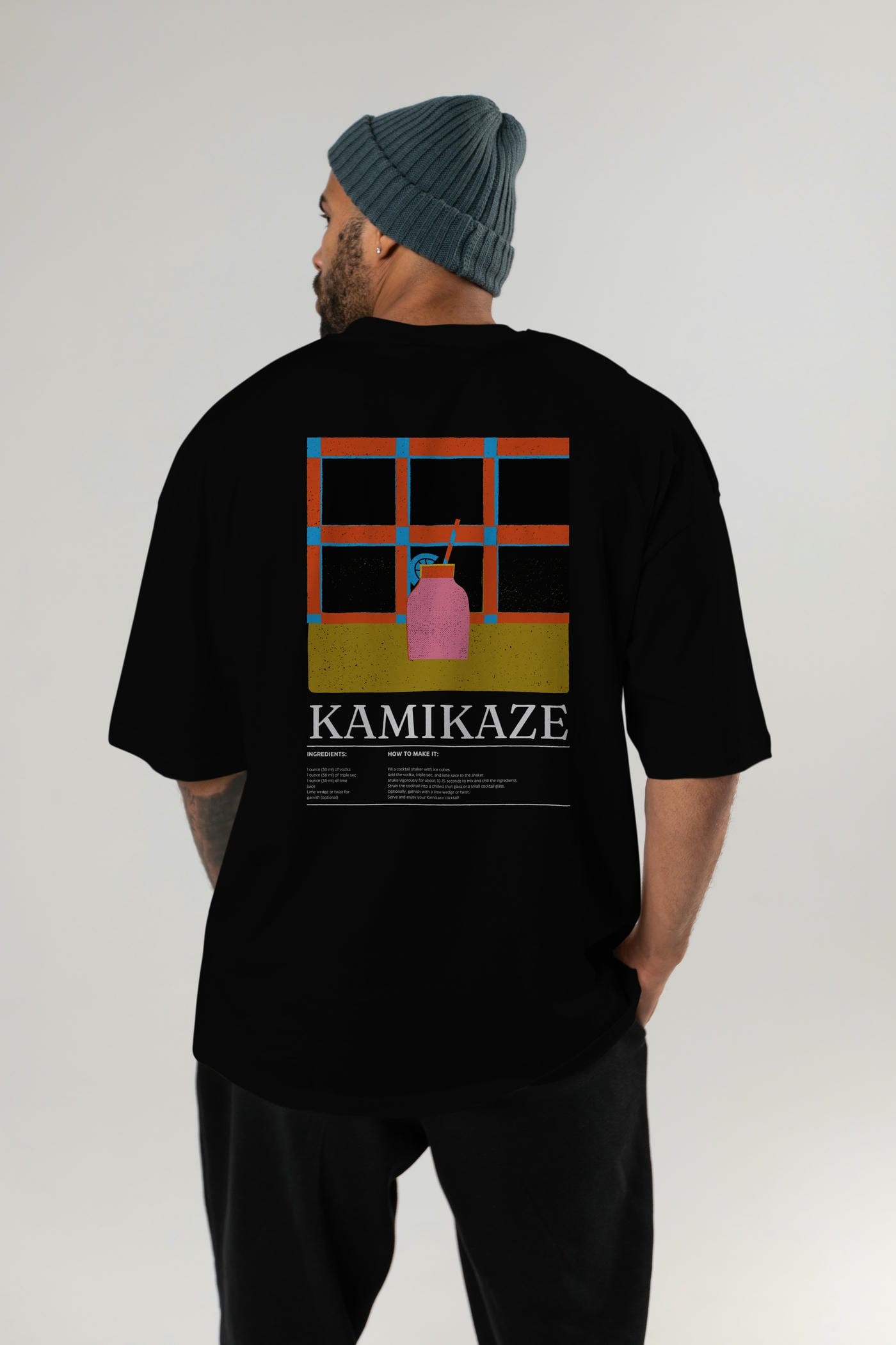 Kamikaze Kokteyl Serisi Arka Baskılı Oversize t-shirt Erkek Kadın %100 Pamuk Bisiklet Yaka tişort
