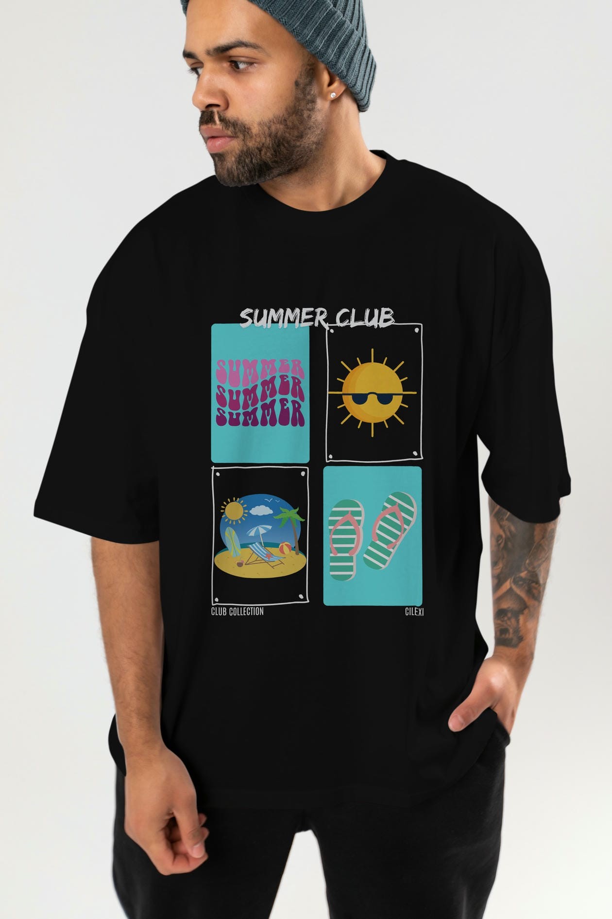 Summer Club ön Baskılı Oversize t-shirt Erkek Kadın %100 Pamuk Bisiklet Yaka tişort