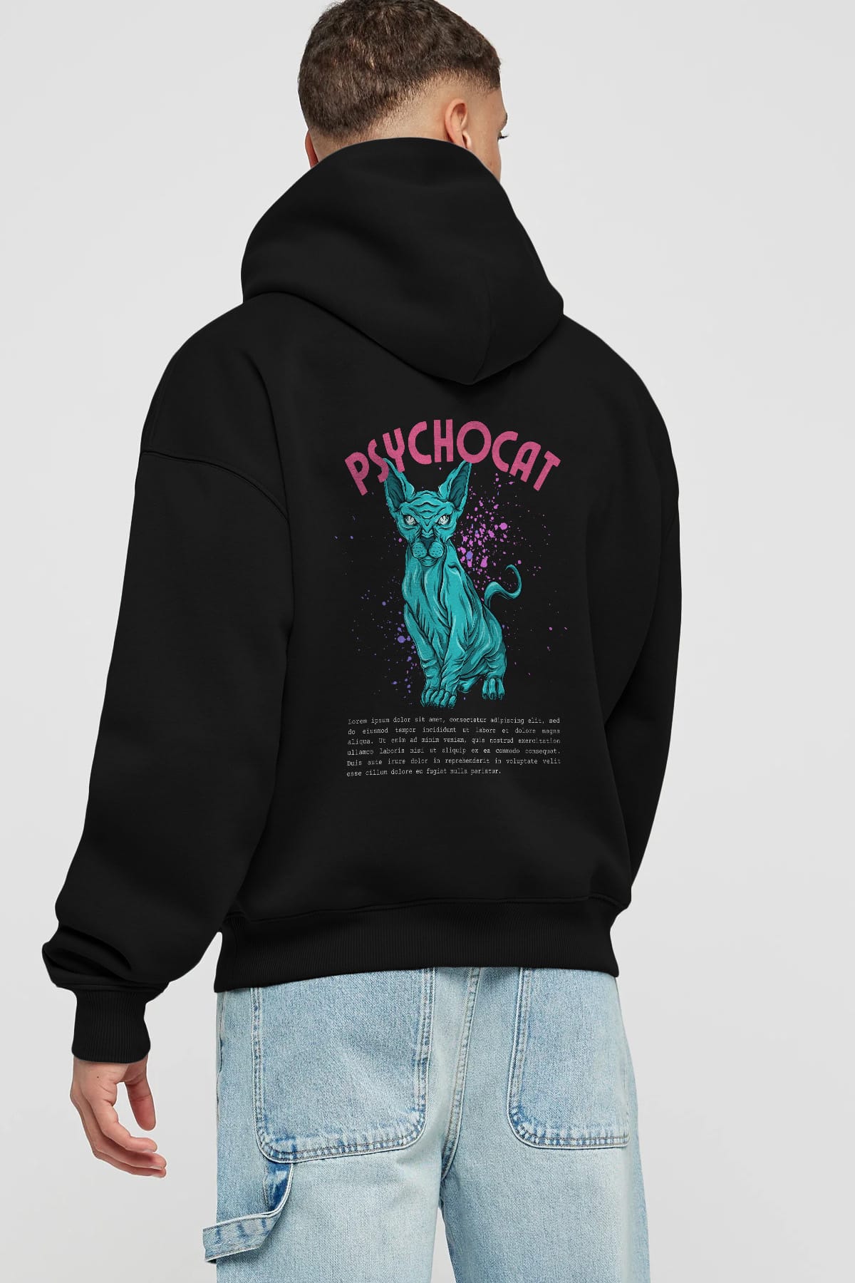 Psychocat Arka Baskılı Oversize Hoodie Kapüşonlu Sweatshirt Erkek Kadın Unisex
