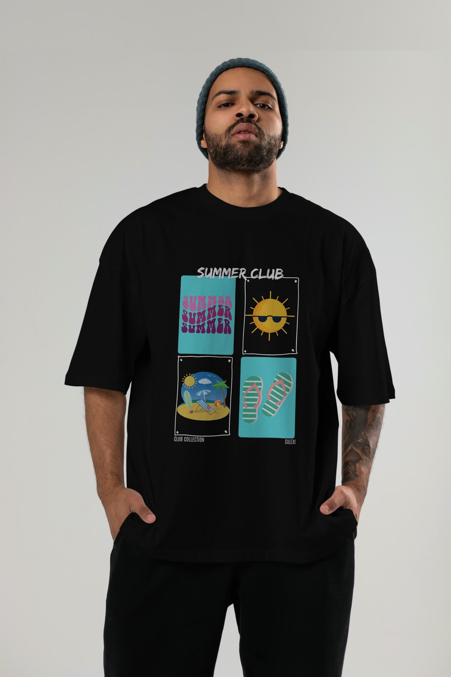 Summer Club ön Baskılı Oversize t-shirt Erkek Kadın %100 Pamuk Bisiklet Yaka tişort
