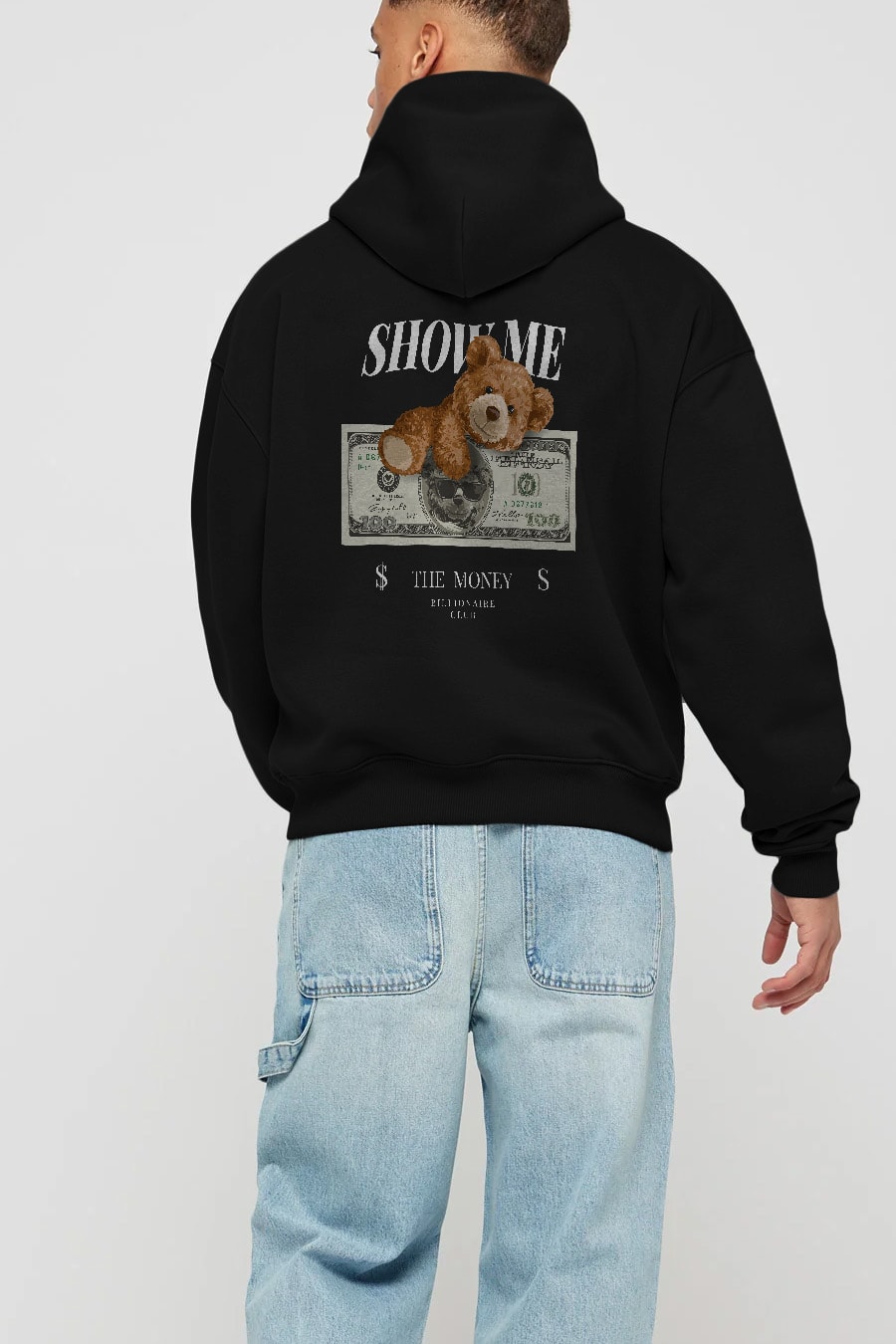 Teddy Bear The Money Arka Baskılı Hoodie Oversize Kapüşonlu Sweatshirt Erkek Kadın Unisex