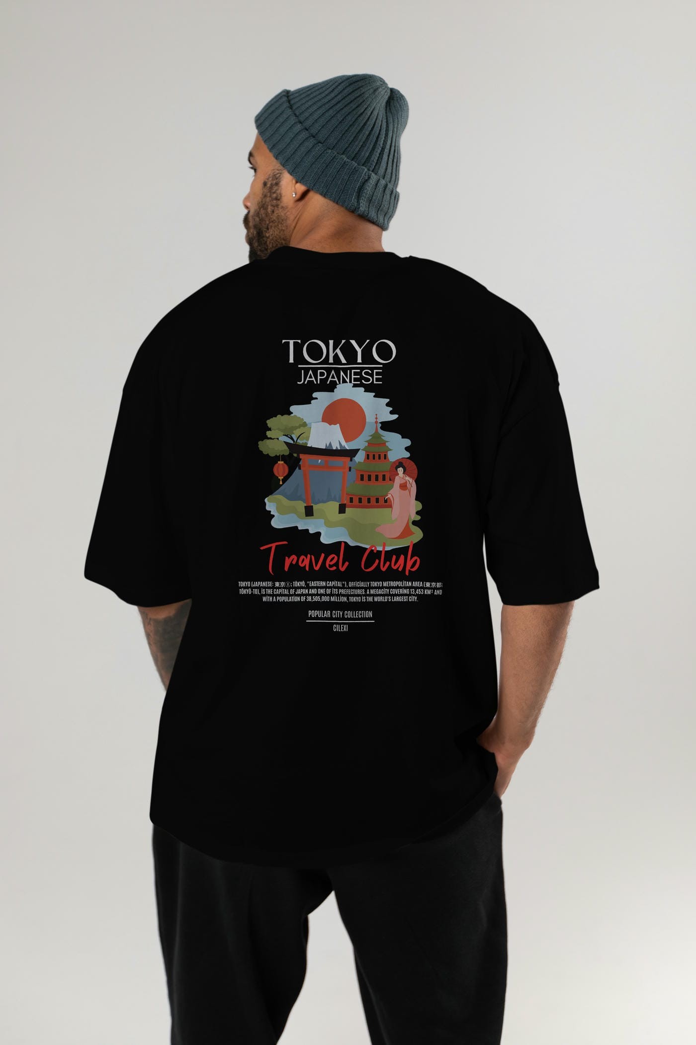 Tokyo Japanese Arka Baskılı Oversize t-shirt Erkek Kadın Pamuk Bisiklet Yaka tişort