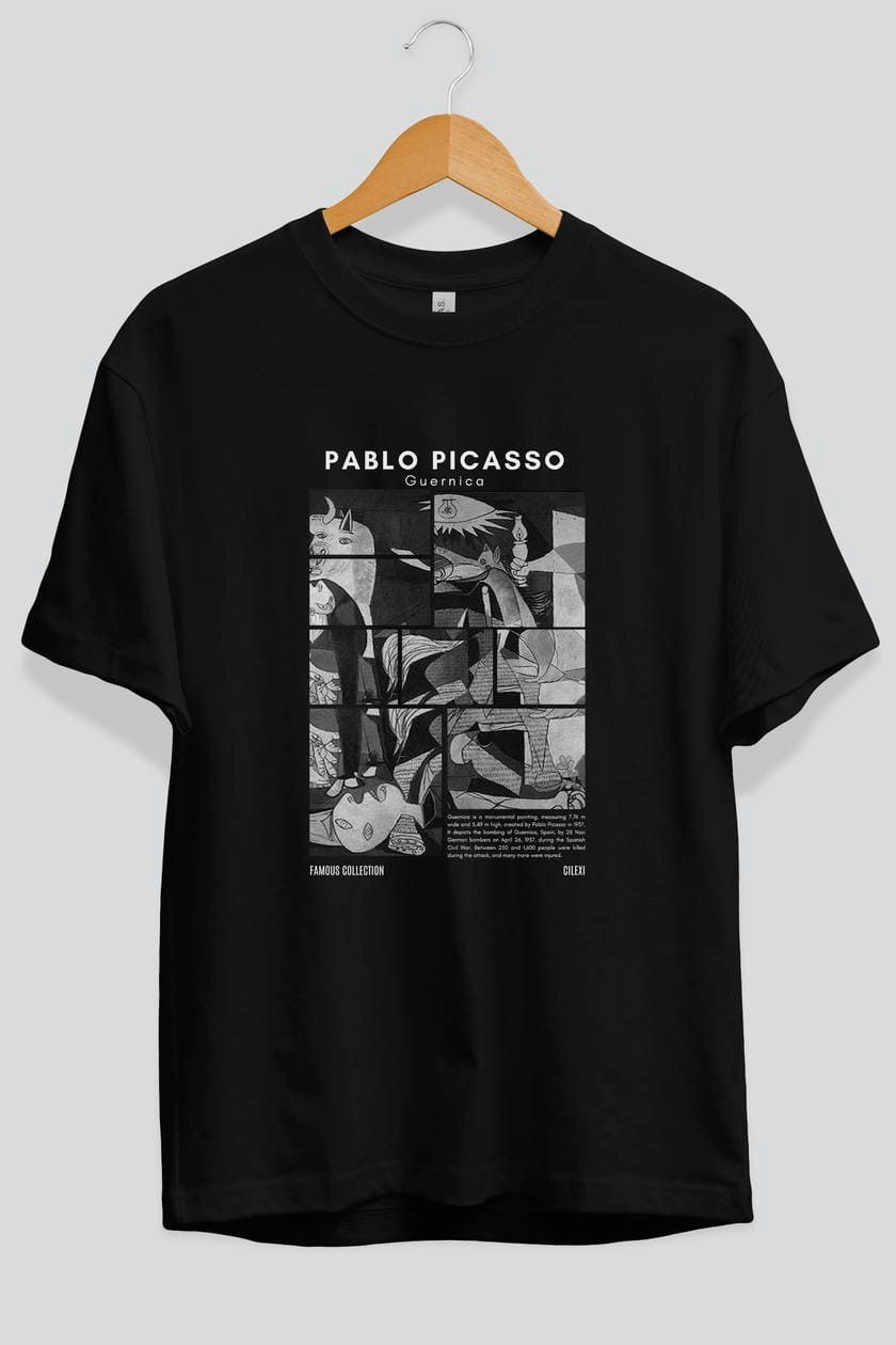 Pablo Picasso Guernica ön Baskılı Oversize t-shirt Erkek Kadın Bisiklet Yaka Pamuk tişort