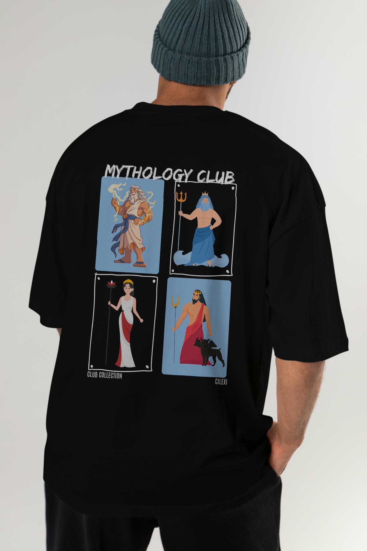 Mythology Club 2 Arka Baskılı Oversize t-shirt Erkek Kadın %100 Pamuk Bisiklet Yaka tişort
