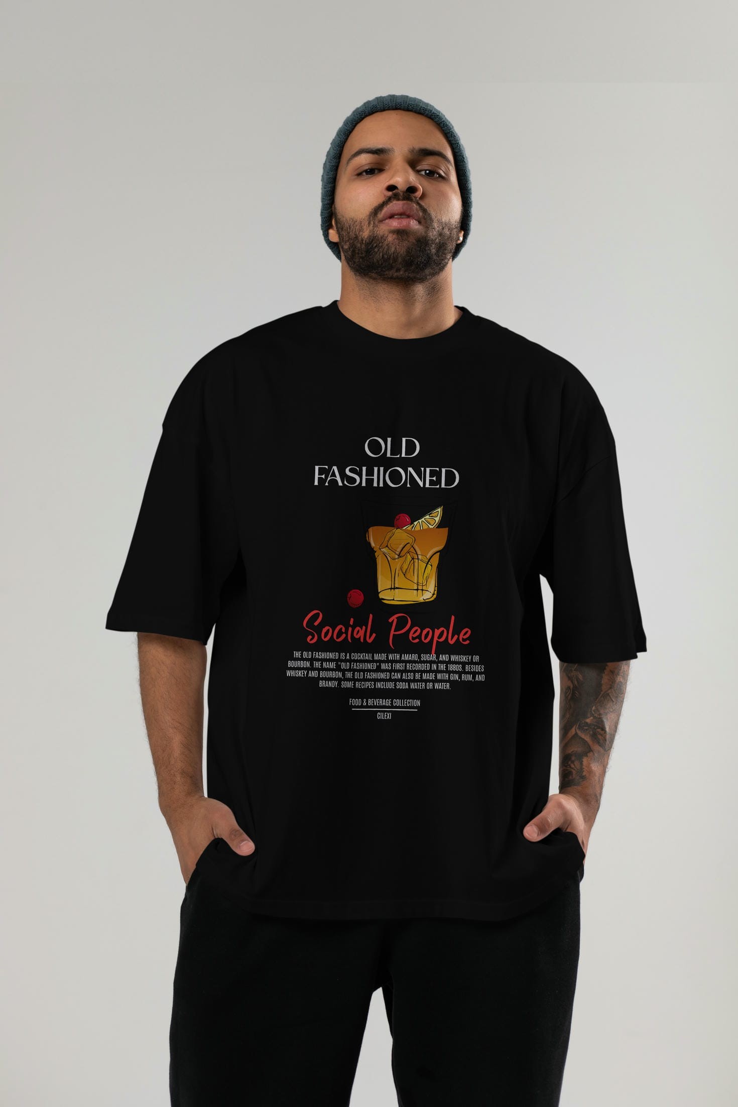 Old Fashıoned Kokteyl Serisi ön Baskılı Oversize t-shirt Erkek Kadın %100 Pamuk Bisiklet Yaka tişort