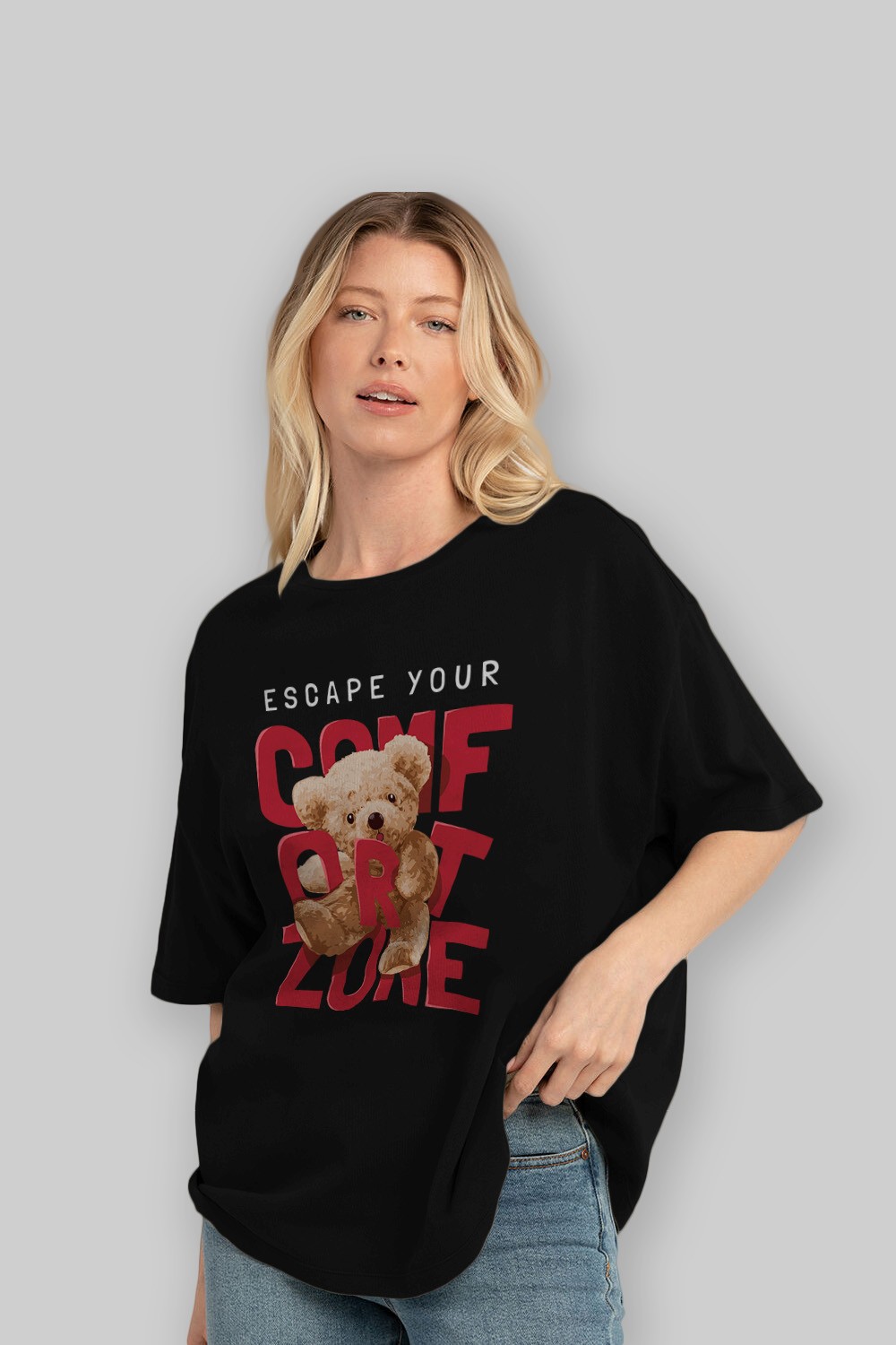 Teddy Bear Escape Comfort Zone Ön Baskılı Oversize t-shirt Erkek Kadın Unisex %100 Pamuk