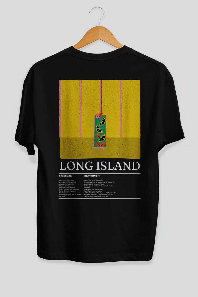 Long Island Kokteyl Serisi Arka Baskılı Oversize t-shirt Erkek Kadın %100 Pamuk Bisiklet Yaka tişort