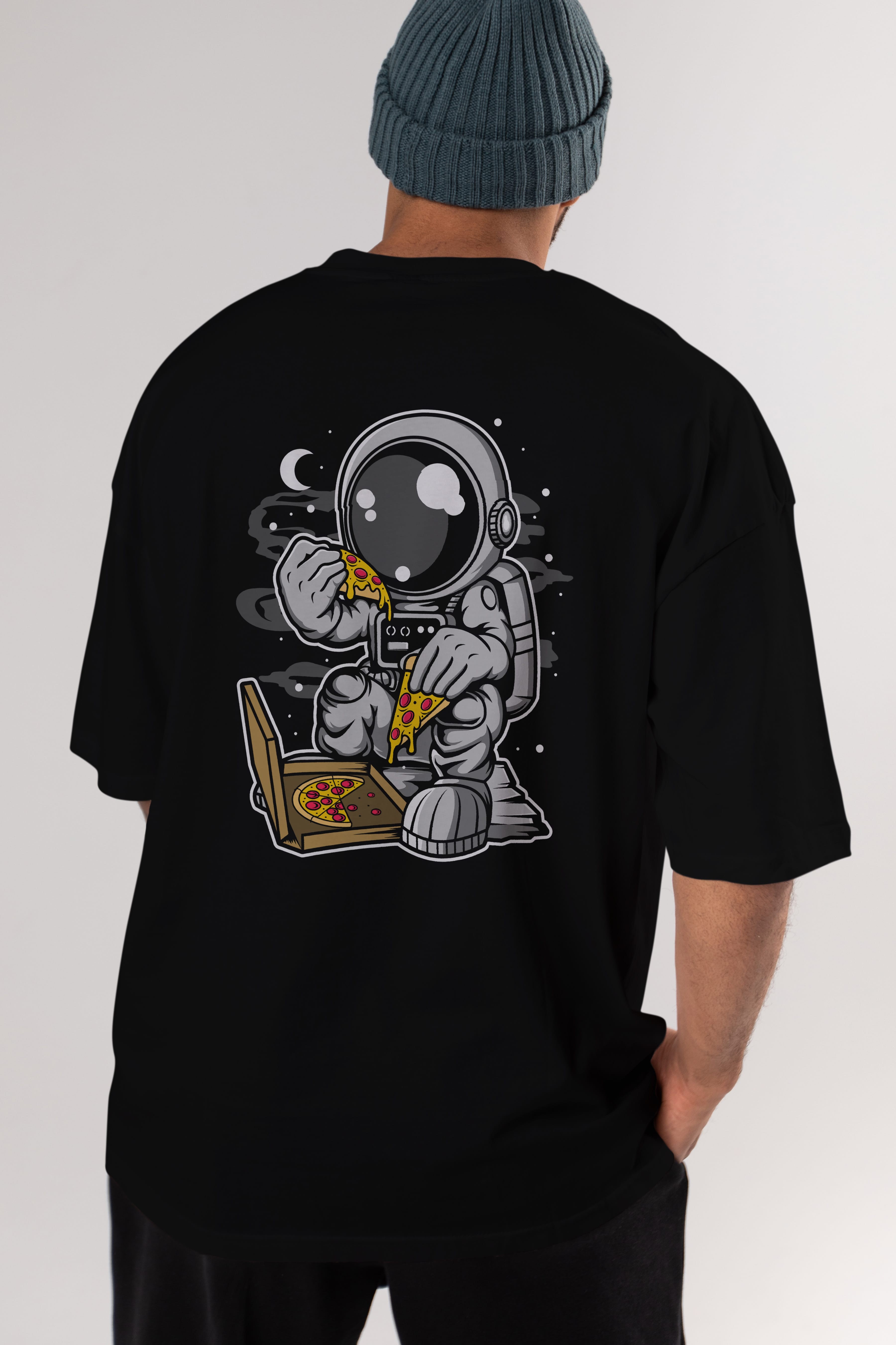 Astronaut Pizza Arka Baskılı Oversize t-shirt Erkek Kadın Unisex