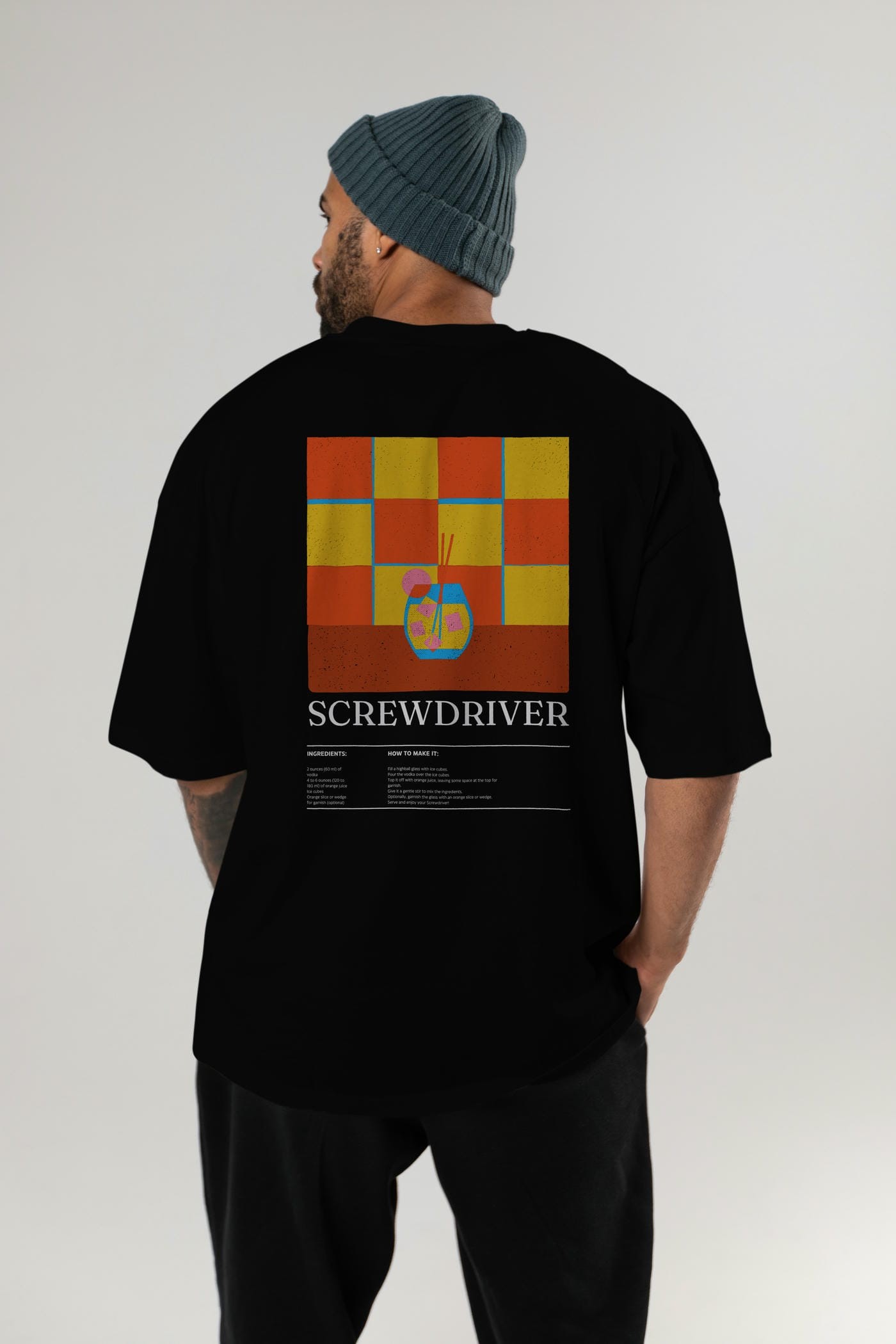 Screwdriver Kokteyl Serisi Arka Baskılı Oversize t-shirt Erkek Kadın %100 Pamuk Bisiklet Yaka tişort