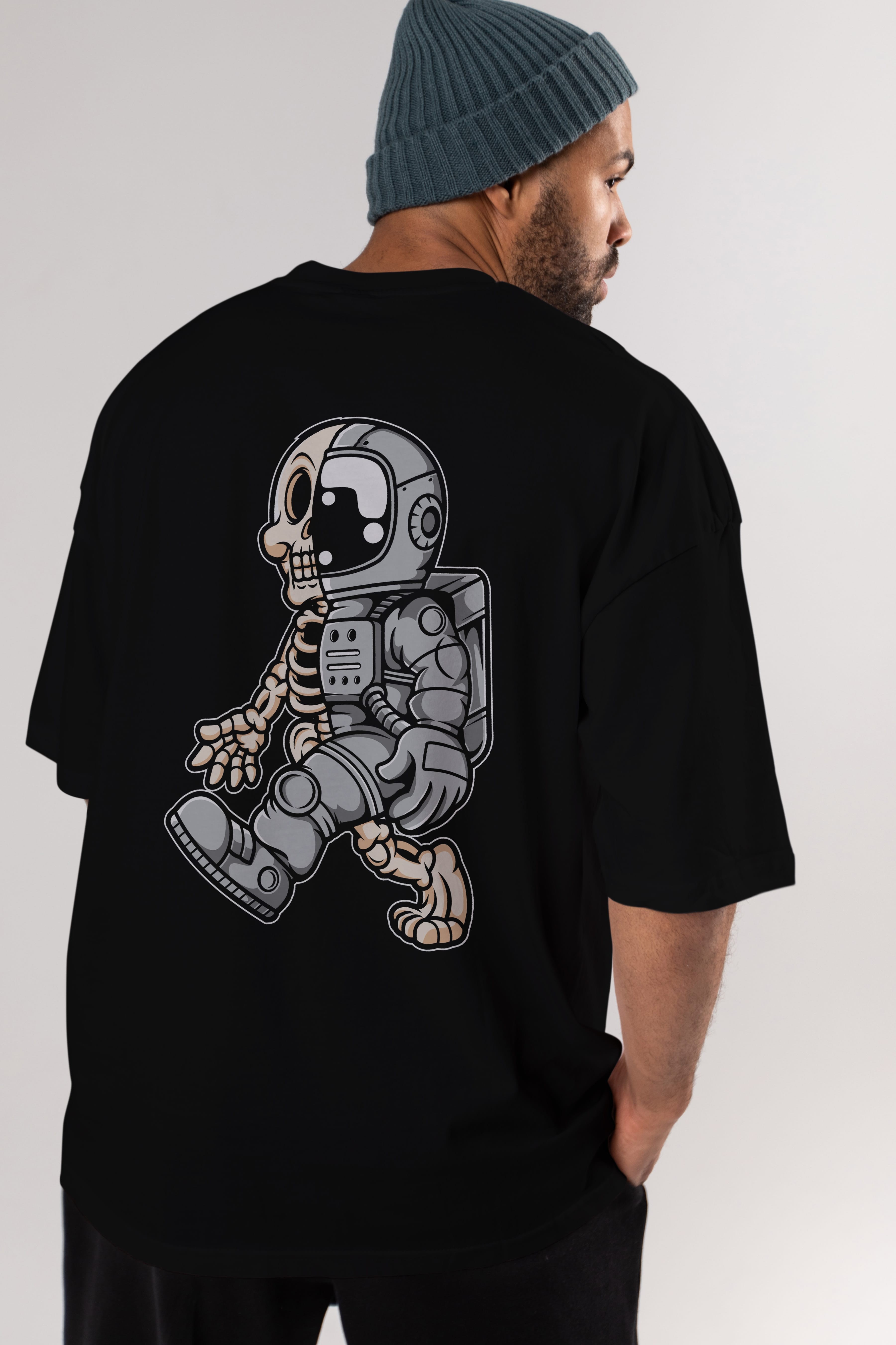 Astronaut Half Skull Arka Baskılı Oversize t-shirt Erkek Kadın Unisex