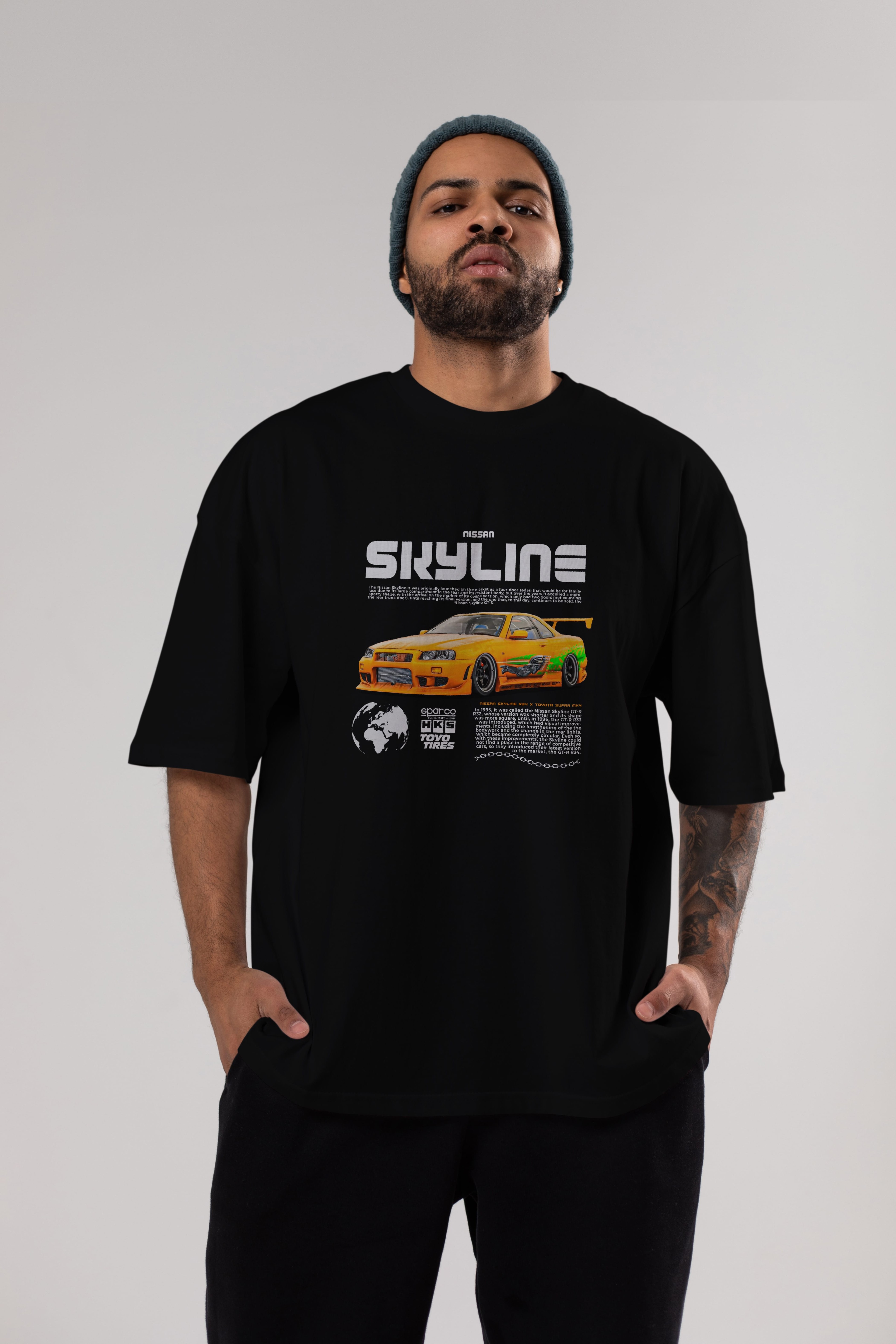 SKYLINE X SUPRA Ön Baskılı Oversize t-shirt Erkek Kadın Unisex %100 Pamuk Bisiklet Yaka tişort