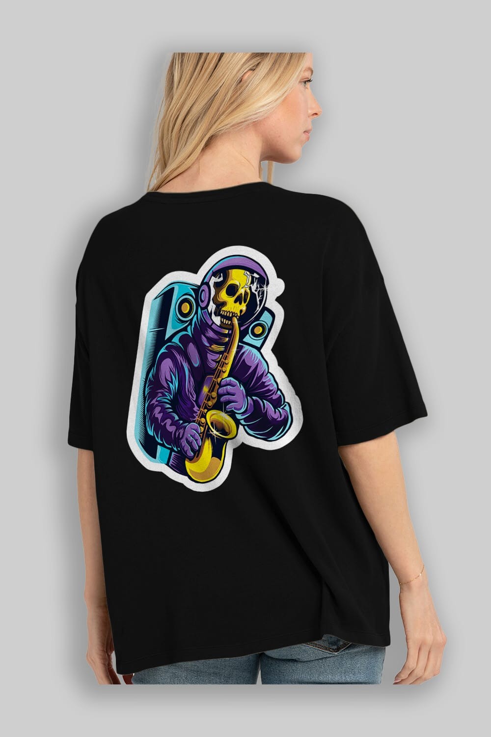 Astroskull Saxophonist Sticker Arka Baskılı Oversize t-shirt Erkek Kadın Unisex