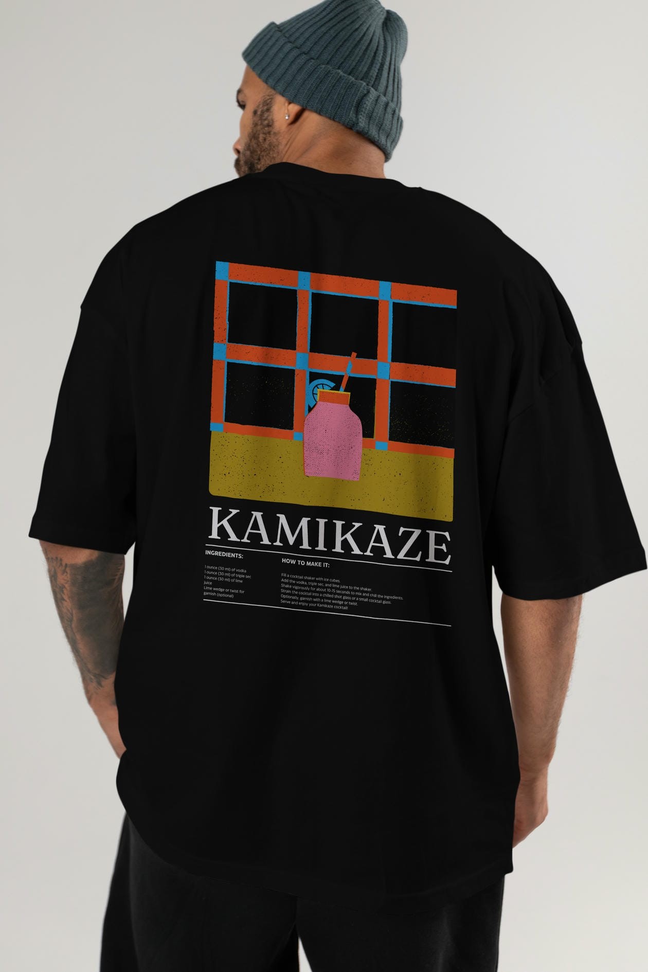 Kamikaze Kokteyl Serisi Arka Baskılı Oversize t-shirt Erkek Kadın %100 Pamuk Bisiklet Yaka tişort