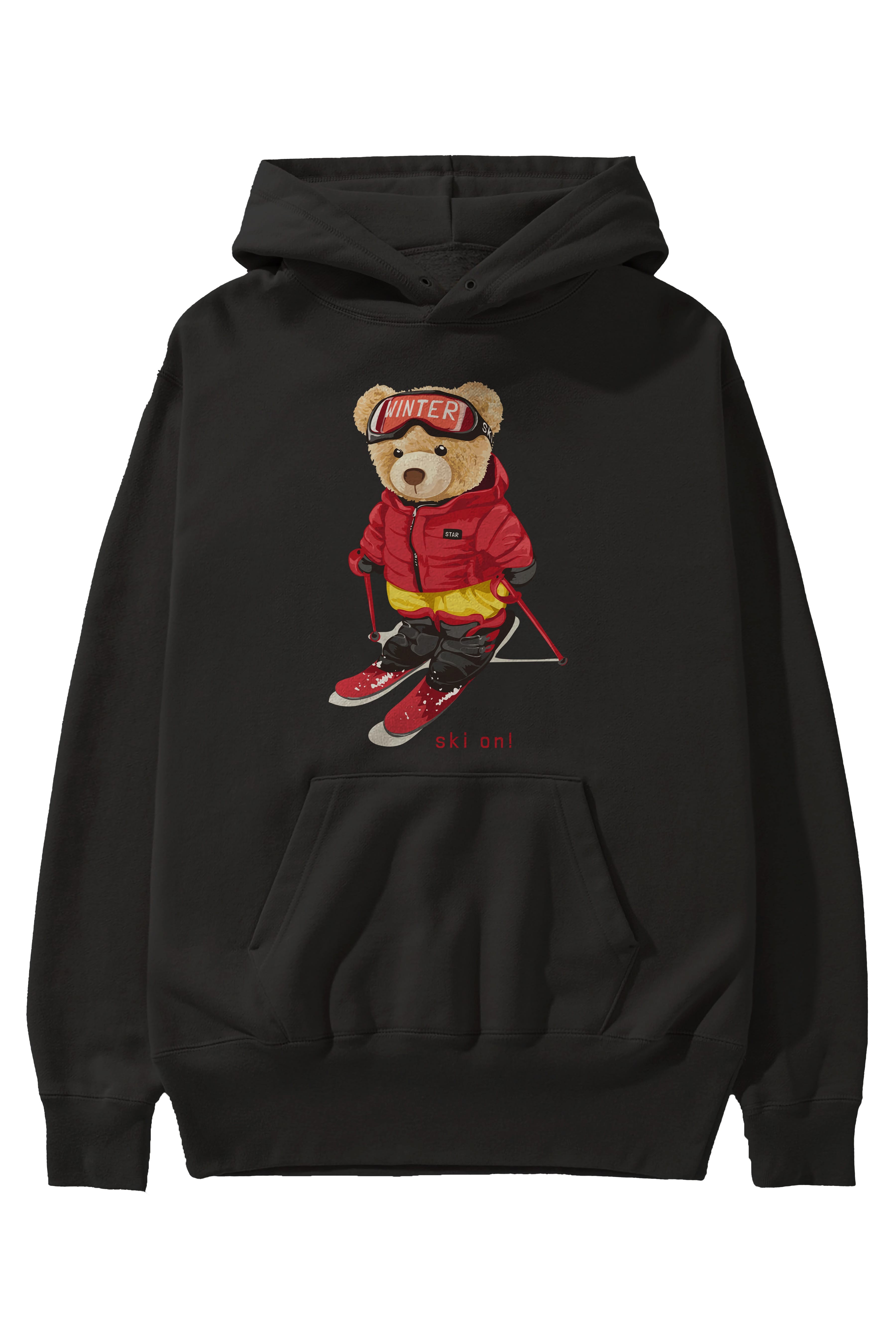 Teddy Bear Ski On Ön Baskılı Hoodie Oversize Kapüşonlu Sweatshirt Erkek Kadın Unisex