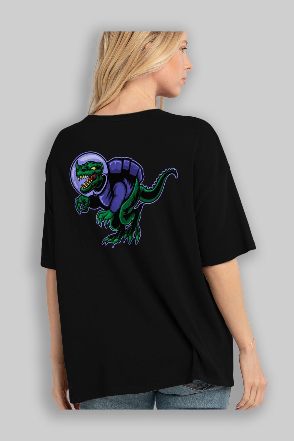 Space Dino Arka Baskılı Oversize t-shirt Erkek Kadın Unisex