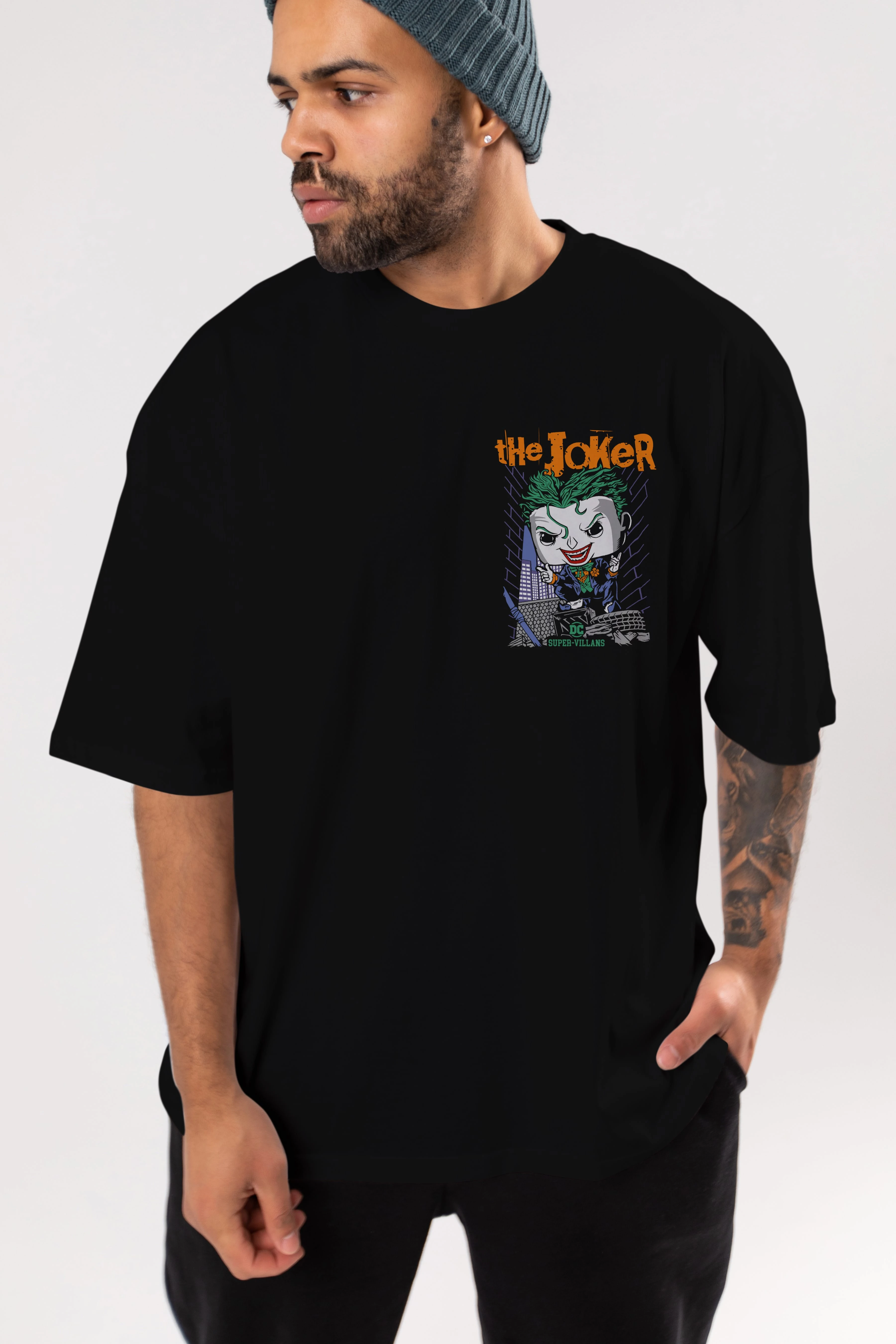 Joker (6) Ön Sol Baskılı Oversize t-shirt Erkek Kadın Unisex %100 Pamuk Bisiklet Yaka tişort